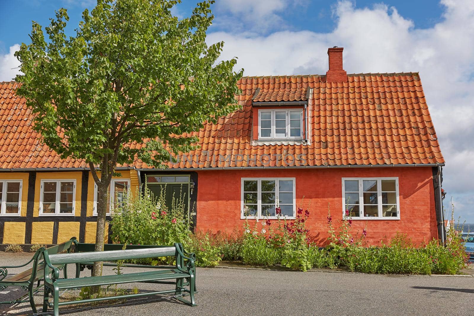 Traditional colorful half-timbered houses on Bornholm island in Svaneke Denmark.