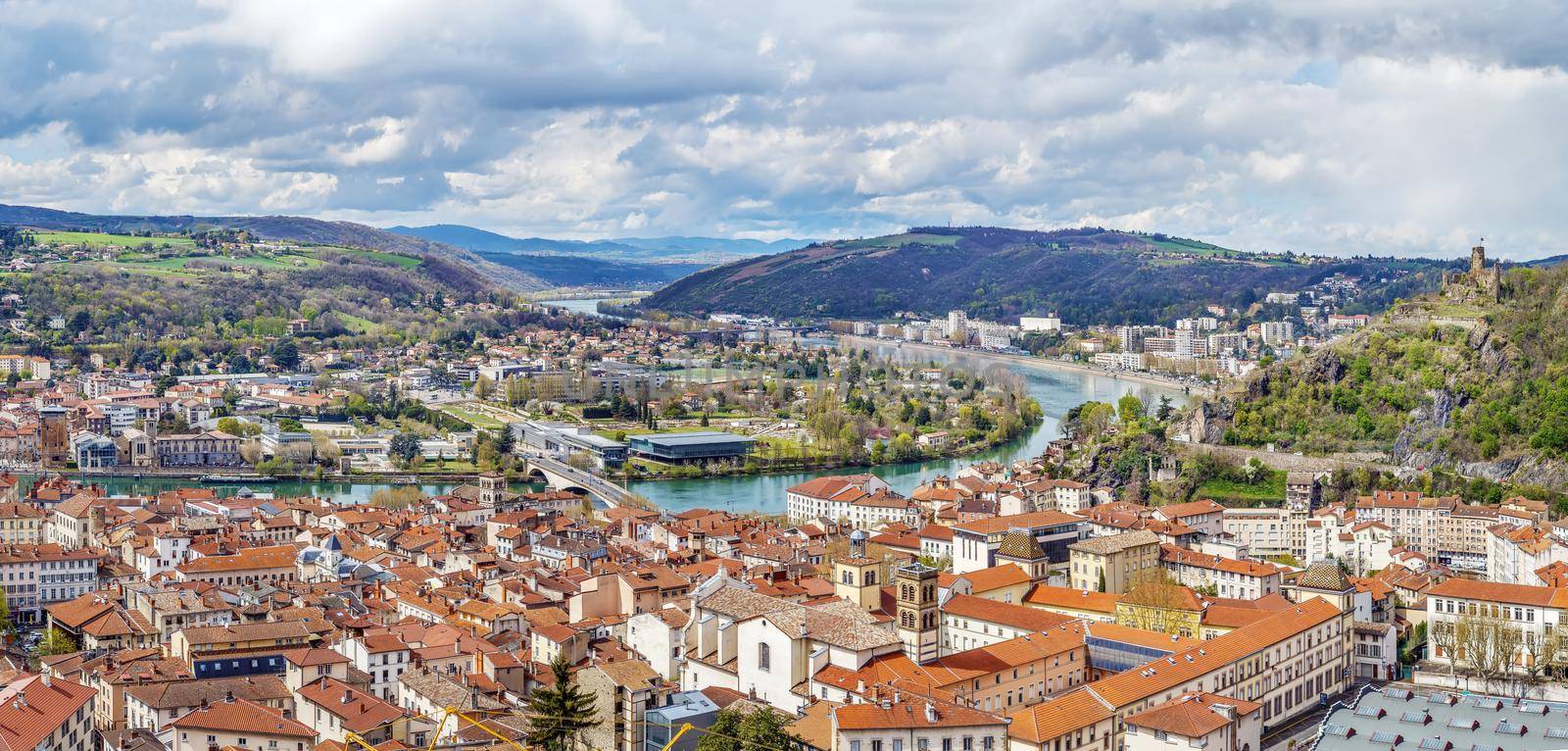 Panoramic aerial view of Vienne from hill of Pipet, France