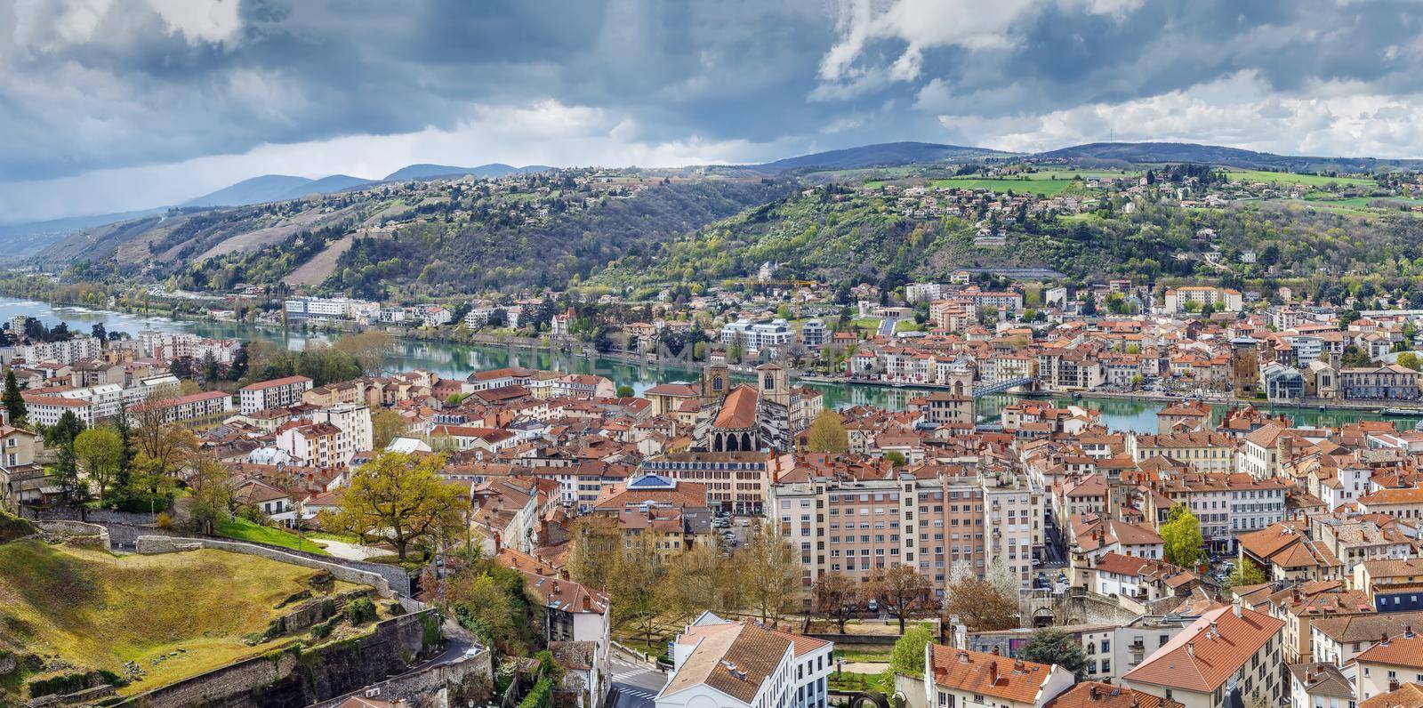 Panoramic aerial view of Vienne from hill of Pipet, France