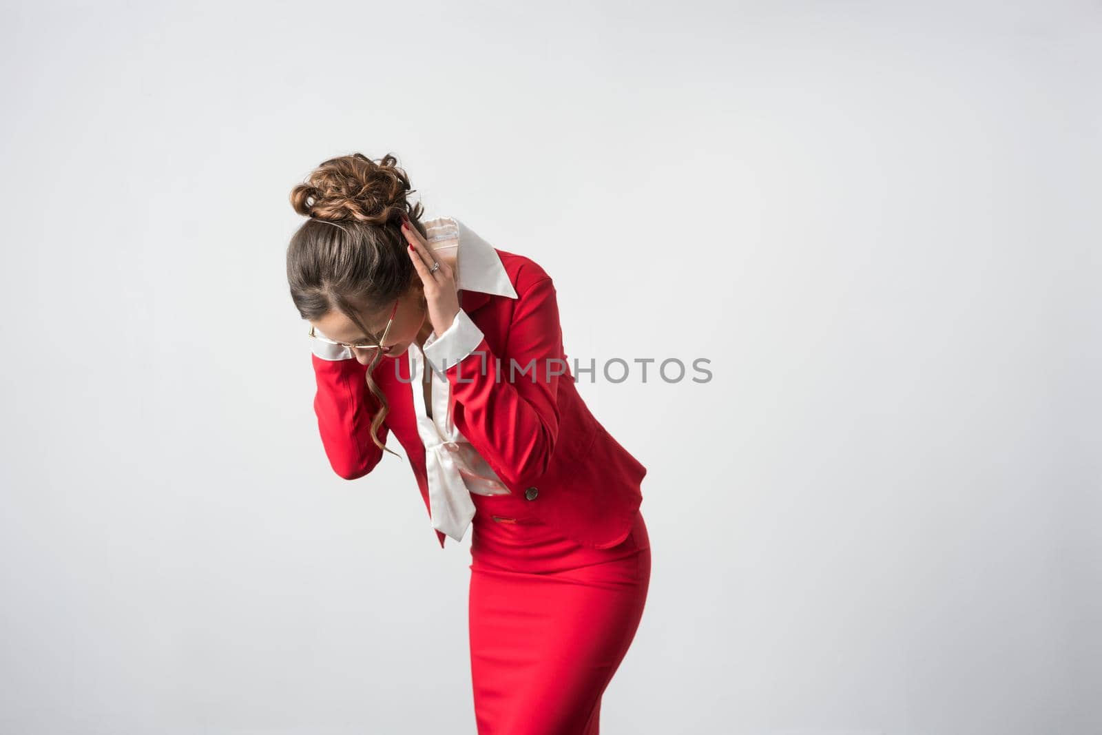 Businesswoman cannot take it anymore covering herself