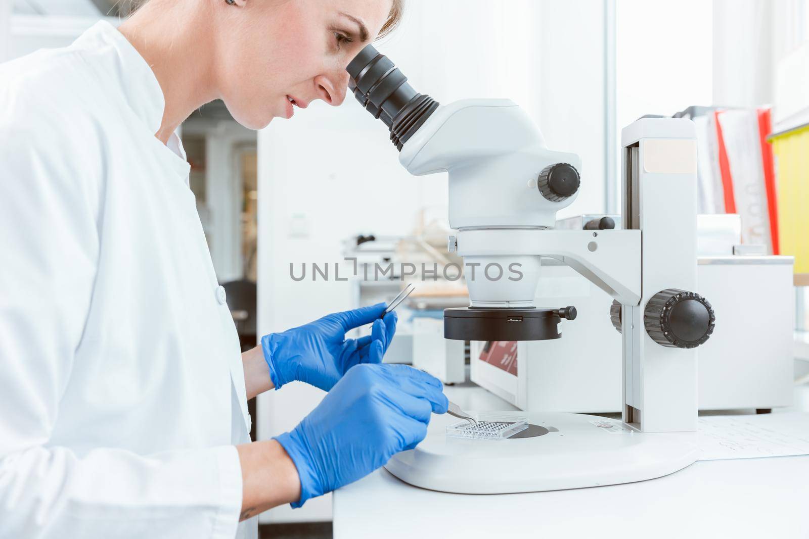 Female caucasian researcher looking through microscope in laboratory