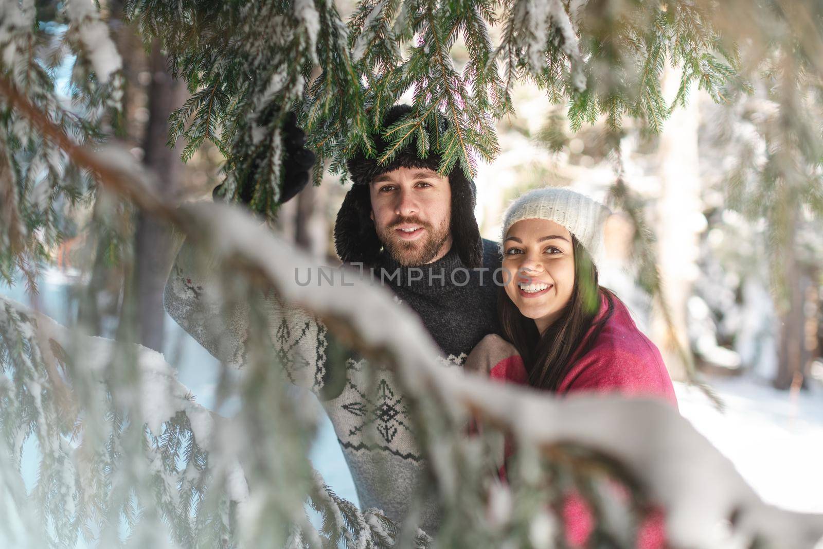 Young lovely couple looking at camera in winter forest by Kzenon