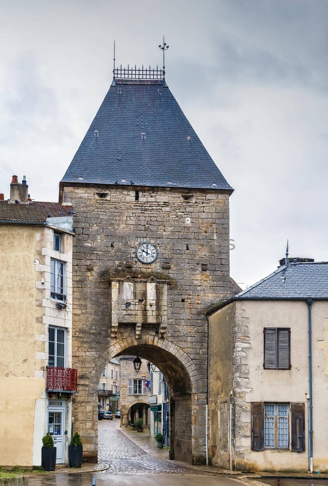 Gate tower with clock in Noyers (Noyers-sur-Serein), Yonne, France