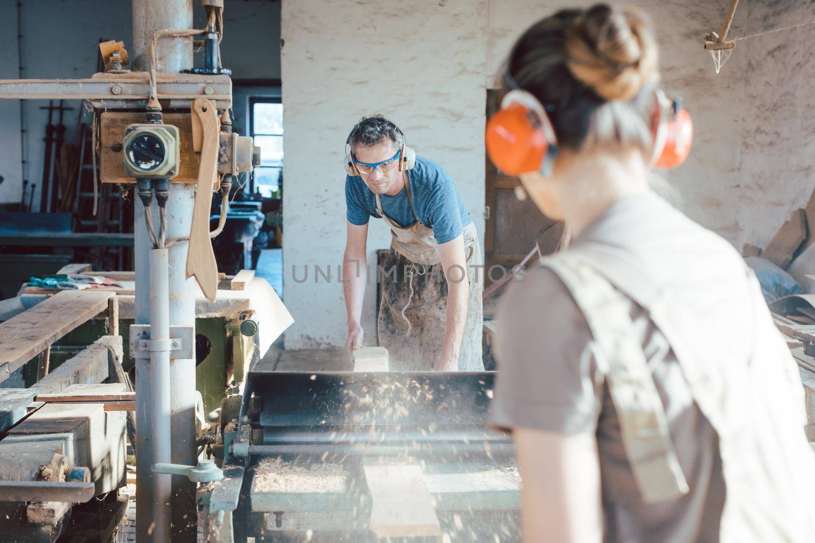 Team of carpenters planning wood using a machine, woman and man