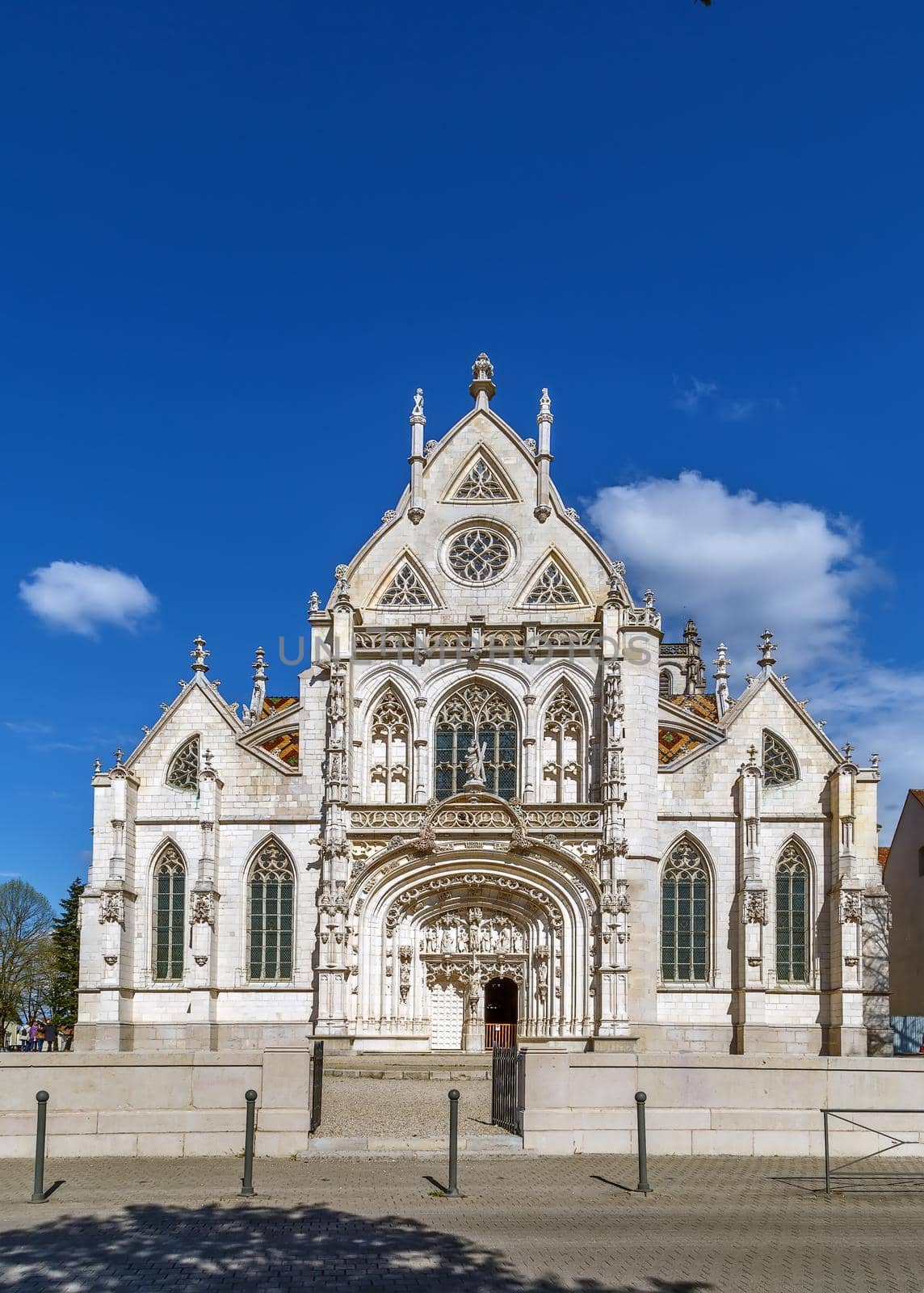 Church of Royal Monastery of Brou in Bourg-en-Bresse, France. View from facade