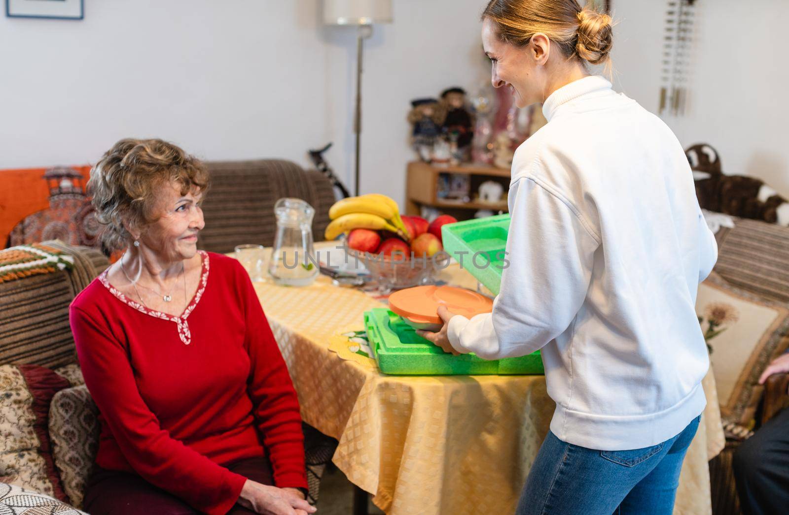 Volunteer serving a meal to senior woman in assisted living program in her kitchen