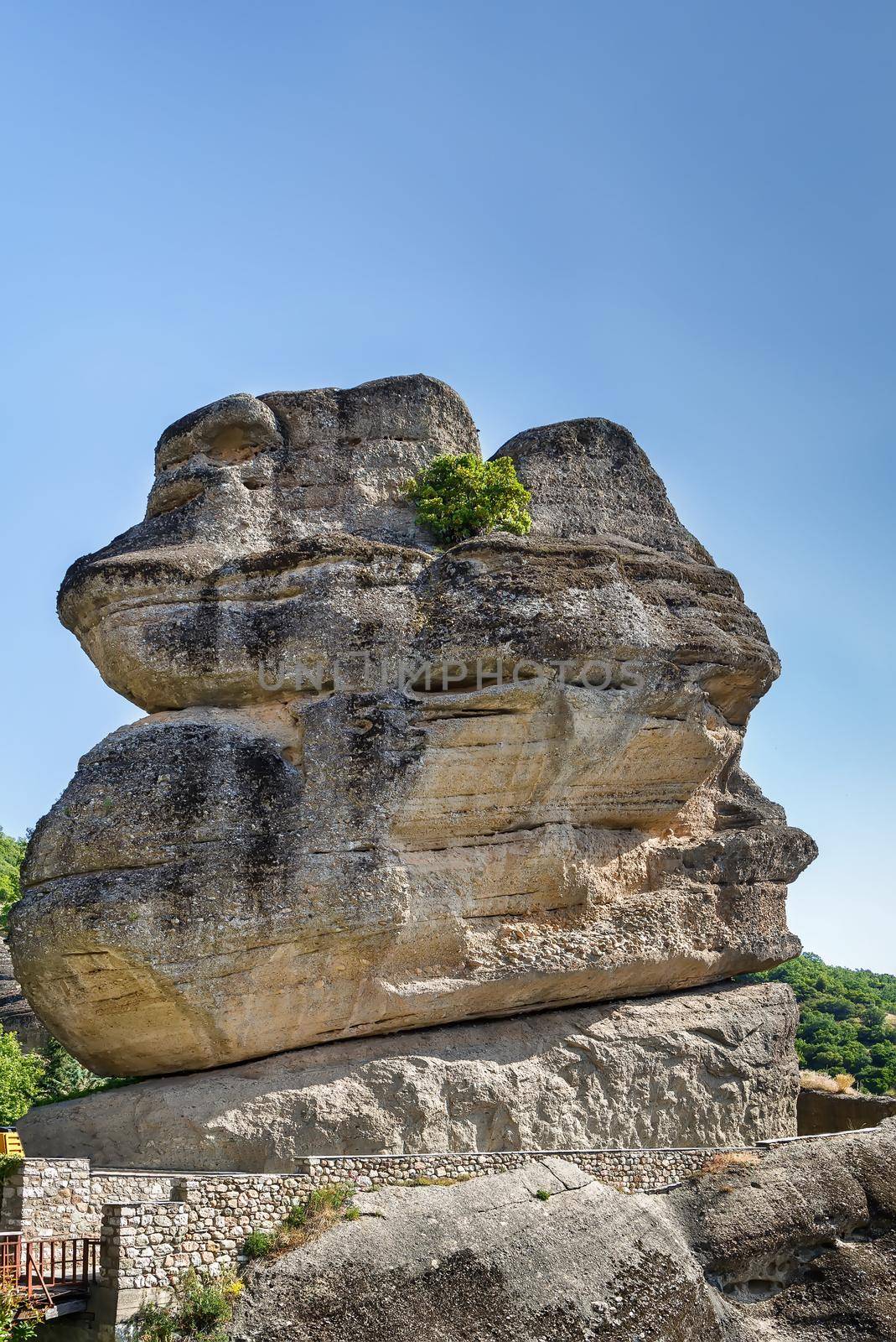 Huge stone in front of the entrance to the monastery of Varlaam in Meteora, Greece