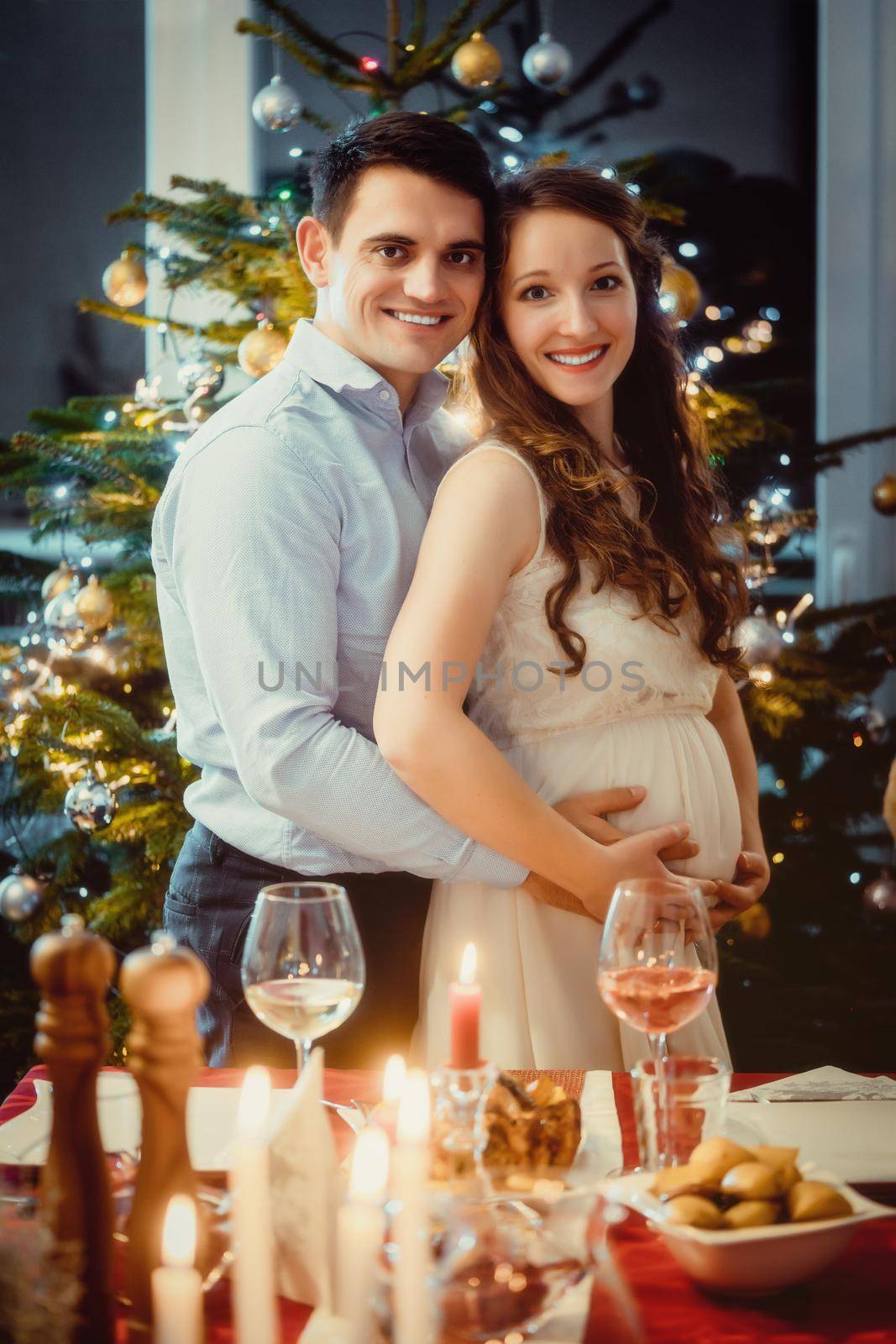 Couple celebrating Christmas, the wife is pregnant by Kzenon