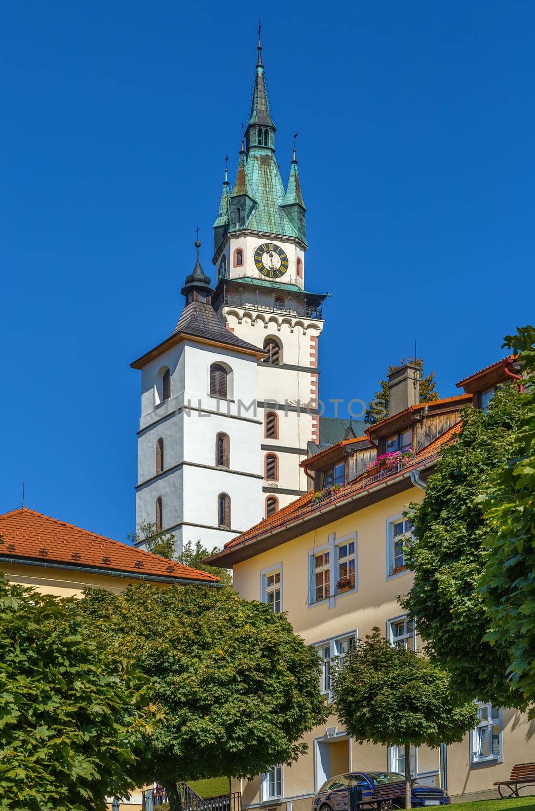 View of church of st. Catherine from main square in Kremnica, Slovakia