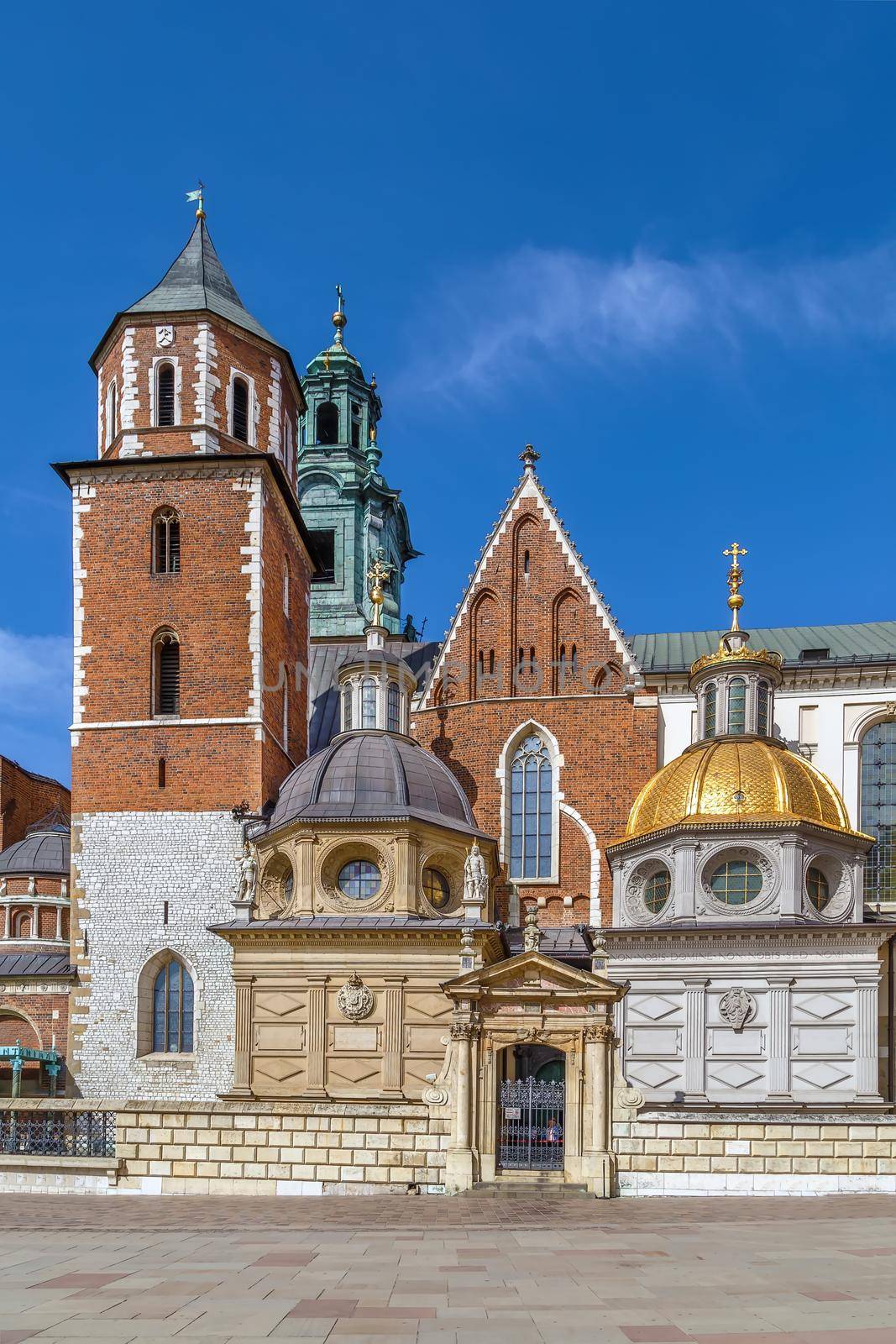 Royal Archcathedral Basilica of Saints Stanislaus and Wenceslaus on the Wawel Hill also known as the Wawel Cathedral in Krakow, Poland. Sigismund's Chapel, Vasa Dynasty chapel and Silver Bell Tower 