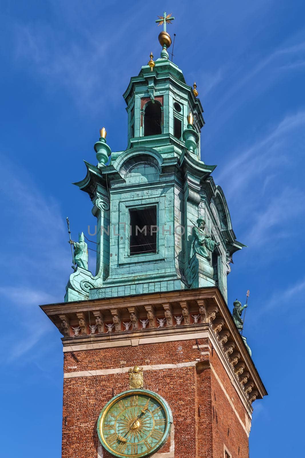 Royal Archcathedral Basilica of Saints Stanislaus and Wenceslaus on the Wawel Hill also known as the Wawel Cathedral in Krakow, Poland. Clock tower