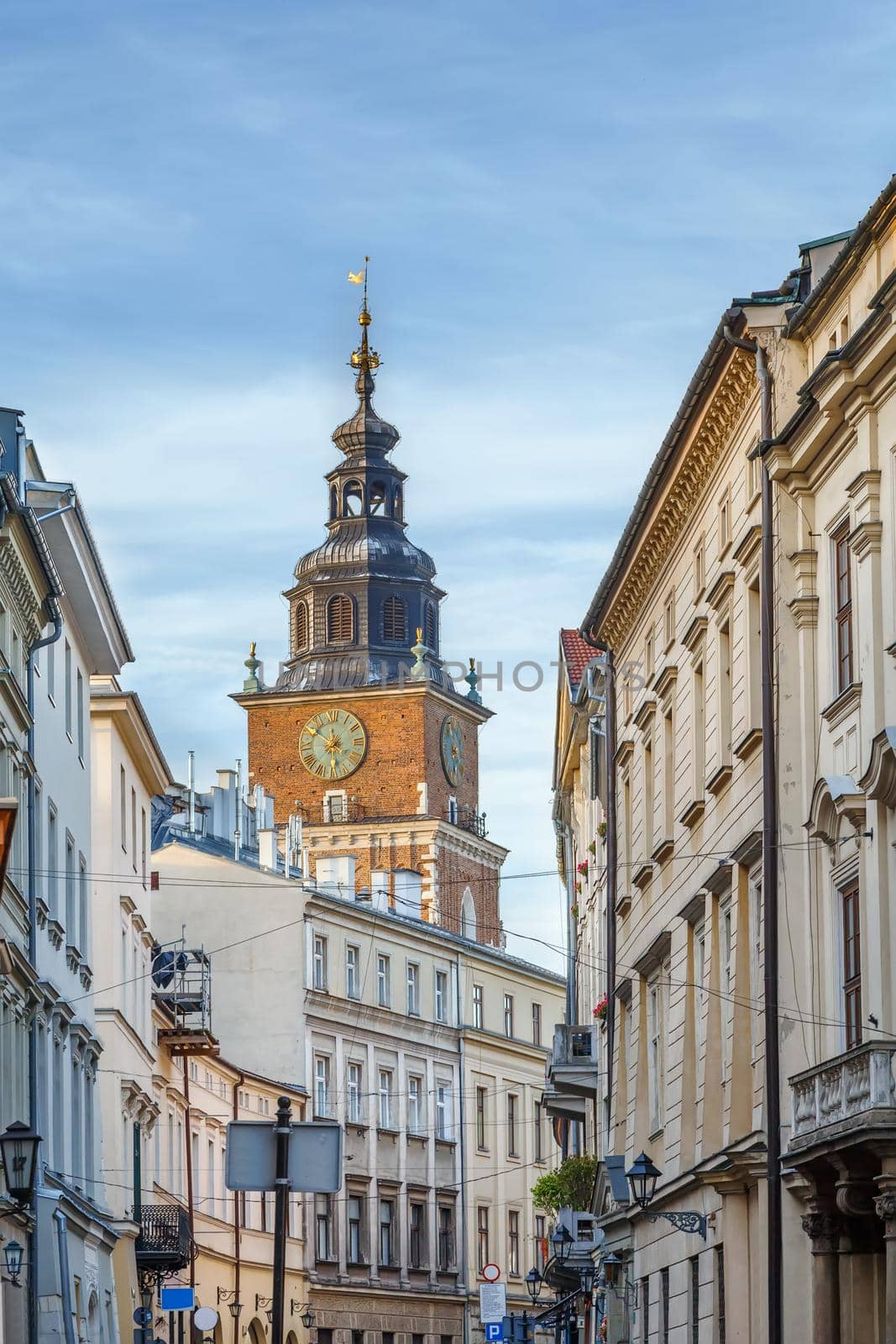 Street with historical houses in Krakow old town, Poland