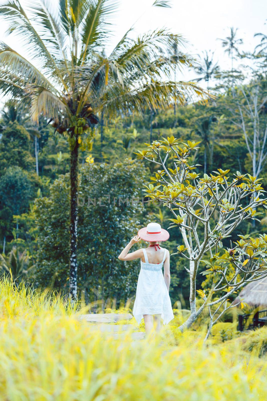 Woman in tropical vacation walking through the jungle holding her sunhat