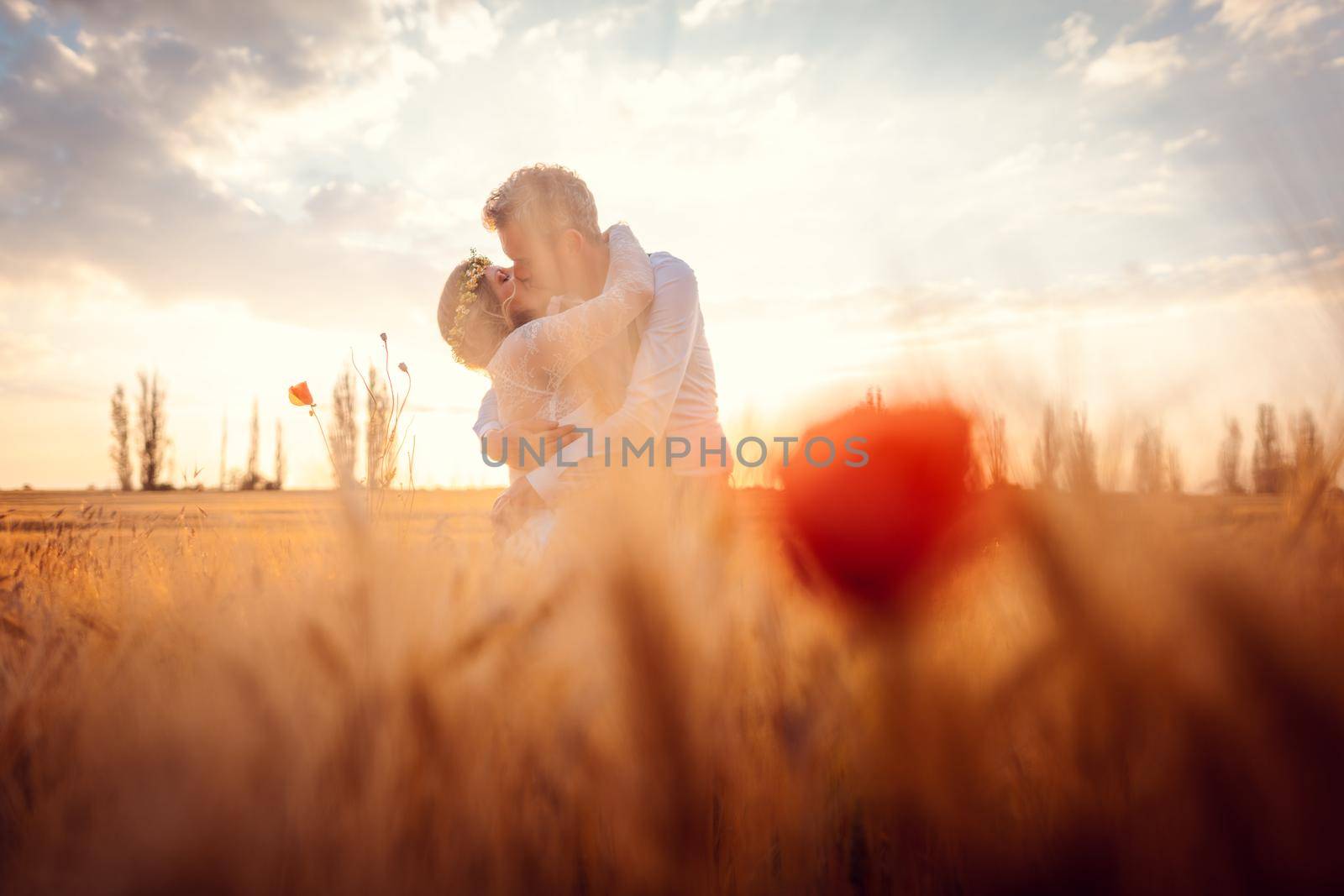 Wedding couple kissing in romantic setting on a wheat field by Kzenon