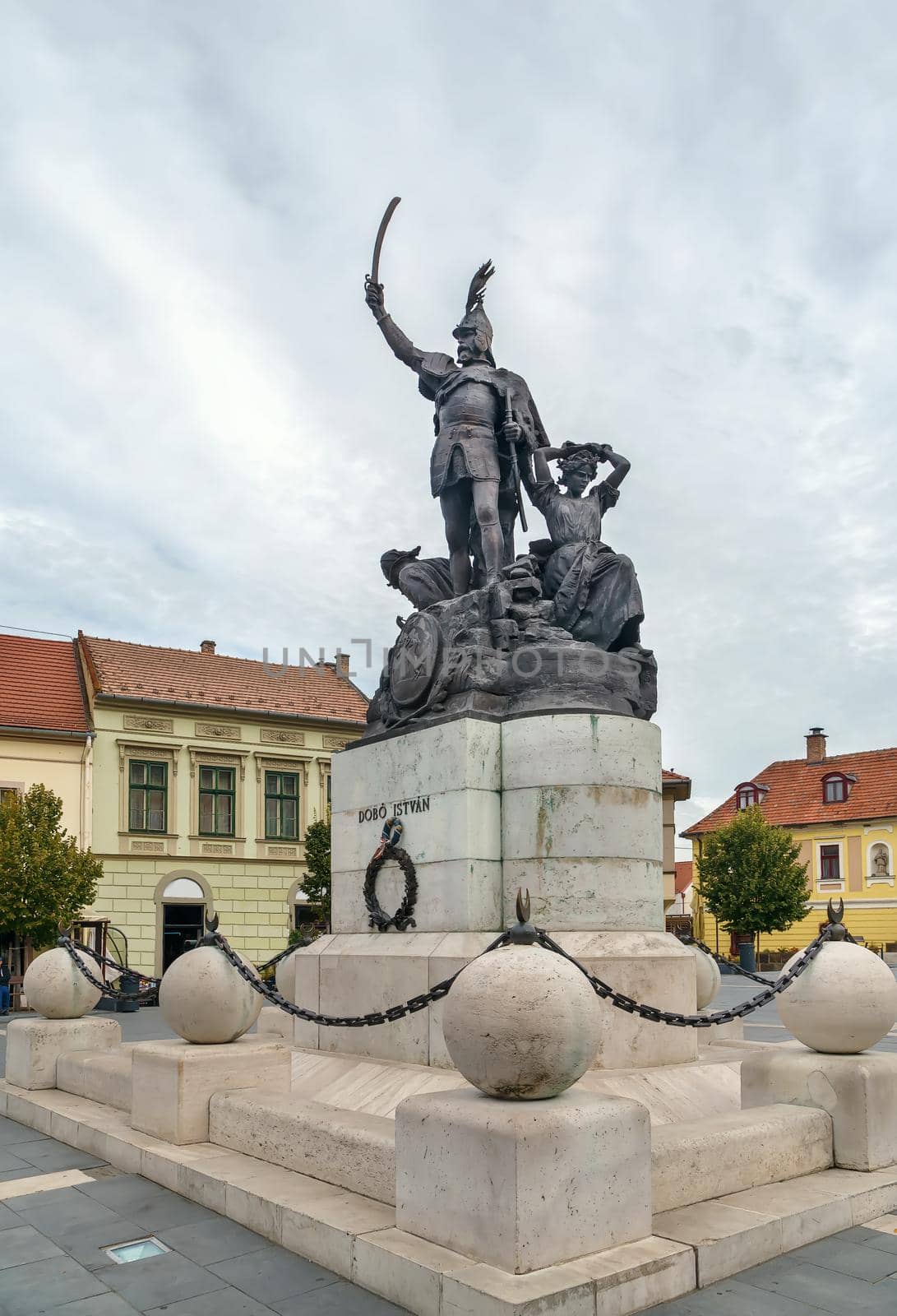 Monument of Istvan Dobo on Istvan Dobo square in Eger city center, Hungary