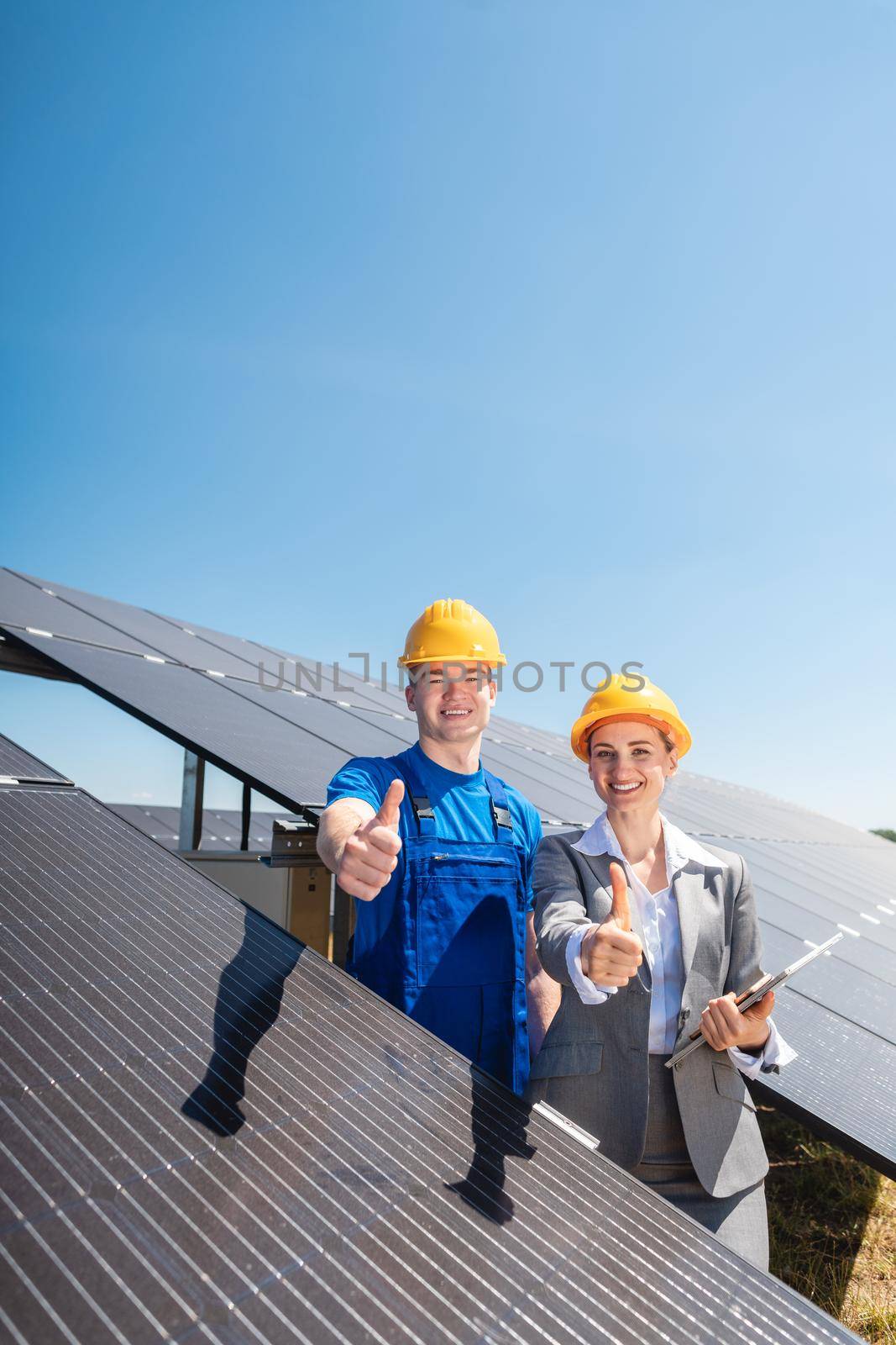 Worker and investor in solar power plant pointing at the sun