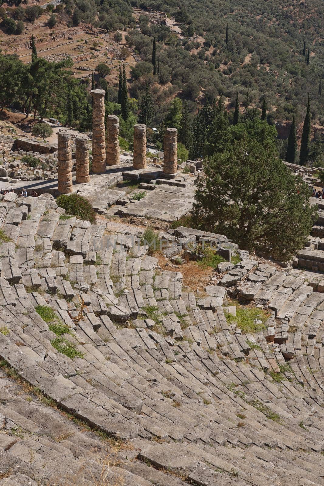 Panoramic view of Ancient Theater of Delphi, Phocis in Greece. The theater, with a total capacity of 5,000 spectators, is located at the sanctuary of Apollo. UNESCO World heritage by wondry