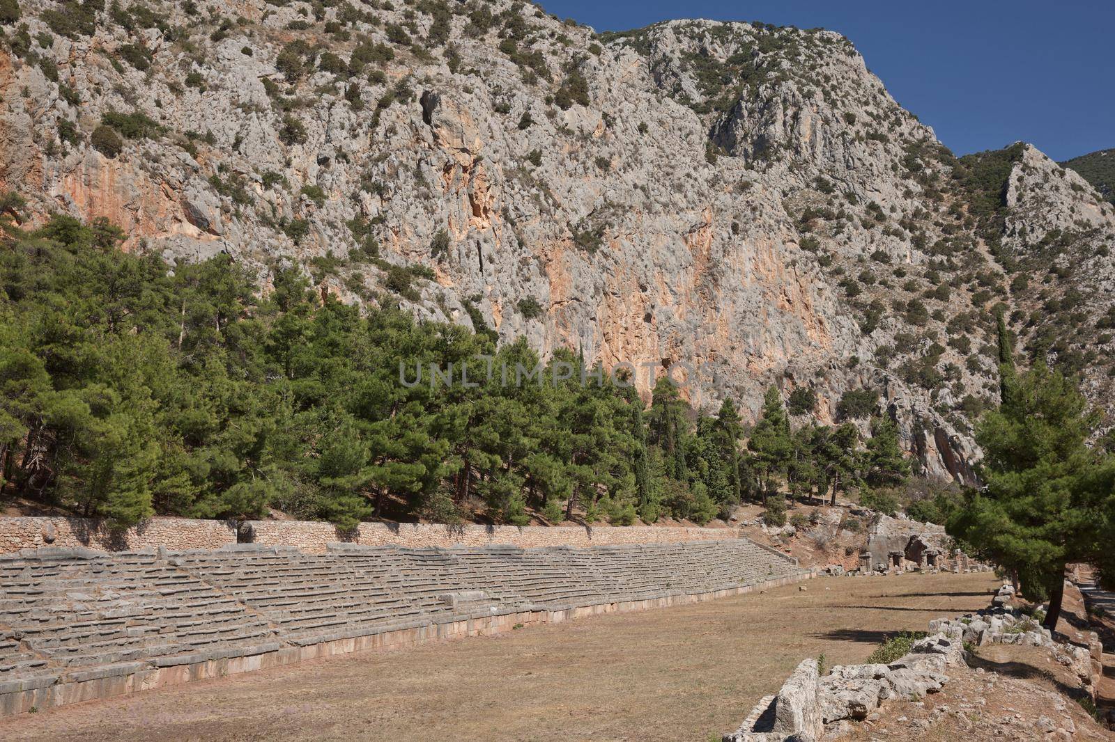 Ancient Stadium in Delphi, Greece, ancient sanctuary that grew rich as seat of oracle that was consulted on important decisions throughout ancient classical world. UNESCO World heritage.