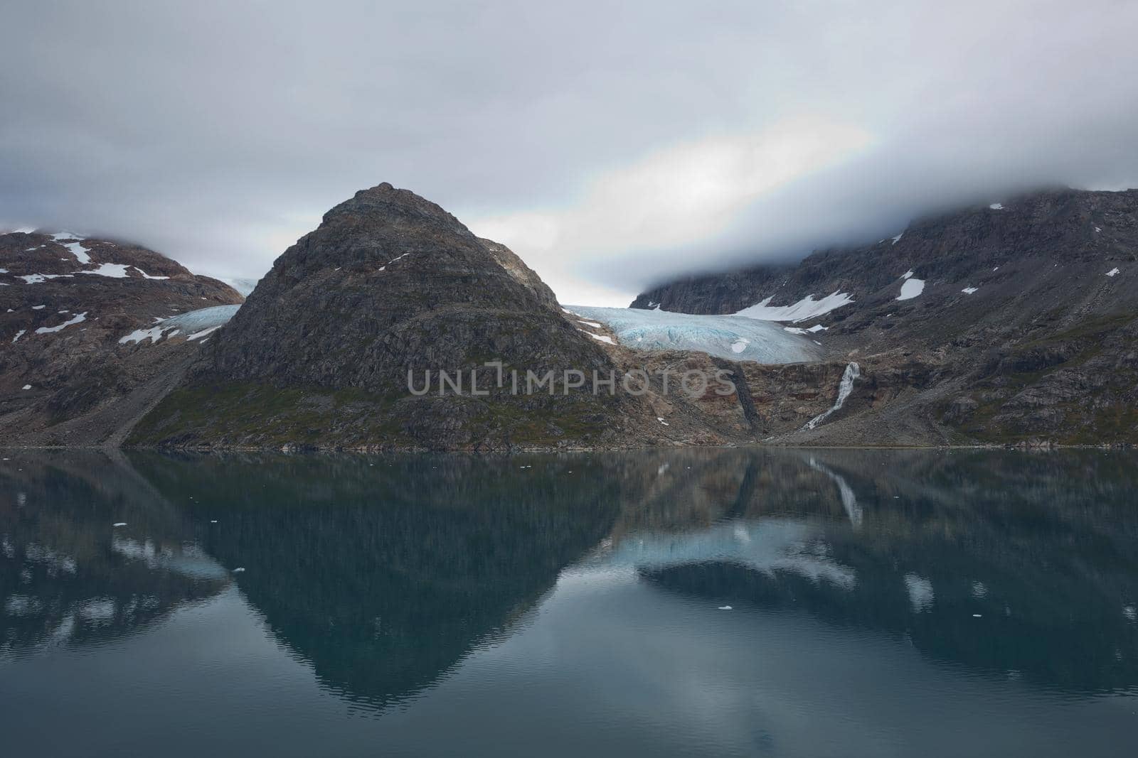 Glaciers and coastline landscape of the Prince Christian Sund Passage in Greenland.