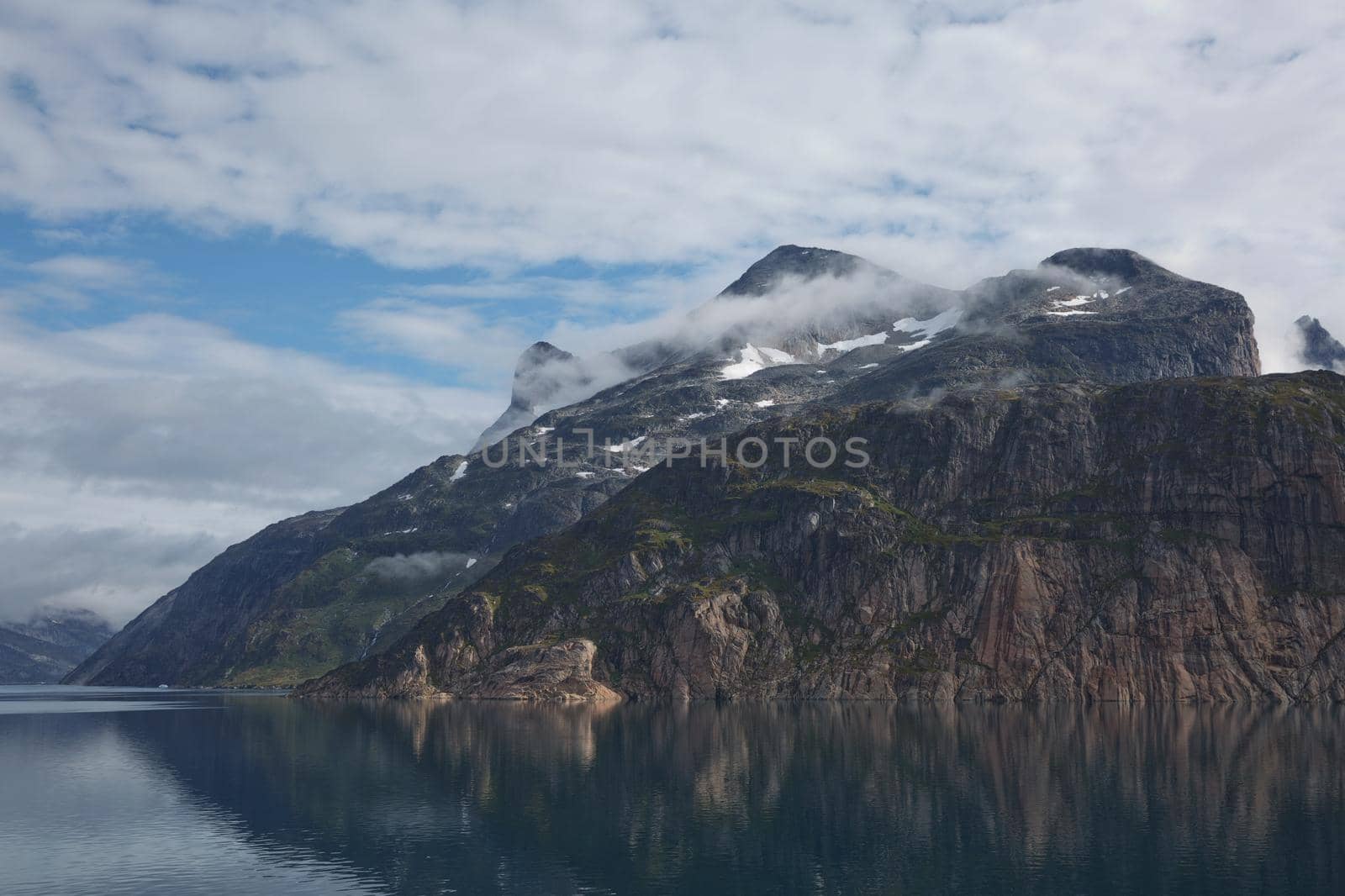 Glaciers and coastline landscape of the Prince Christian Sund Passage in Greenland.