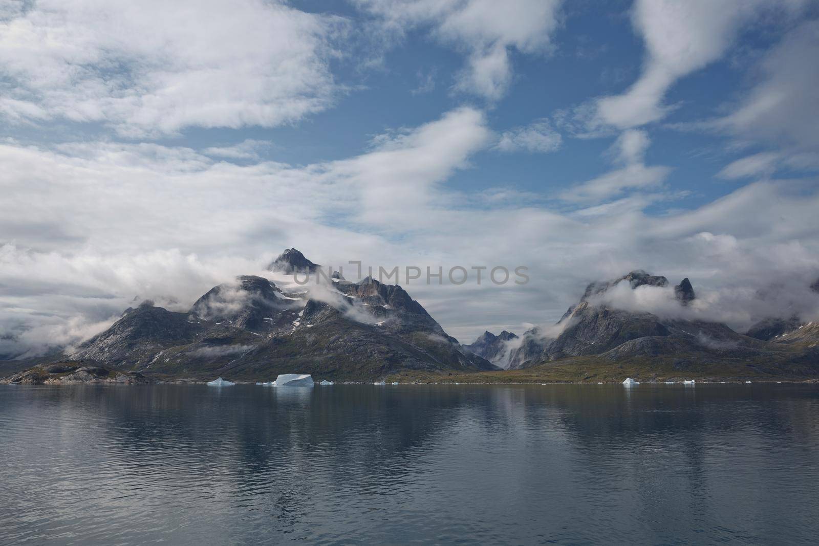 Glaciers and coastline landscape of the Prince Christian Sund Passage in Greenland.