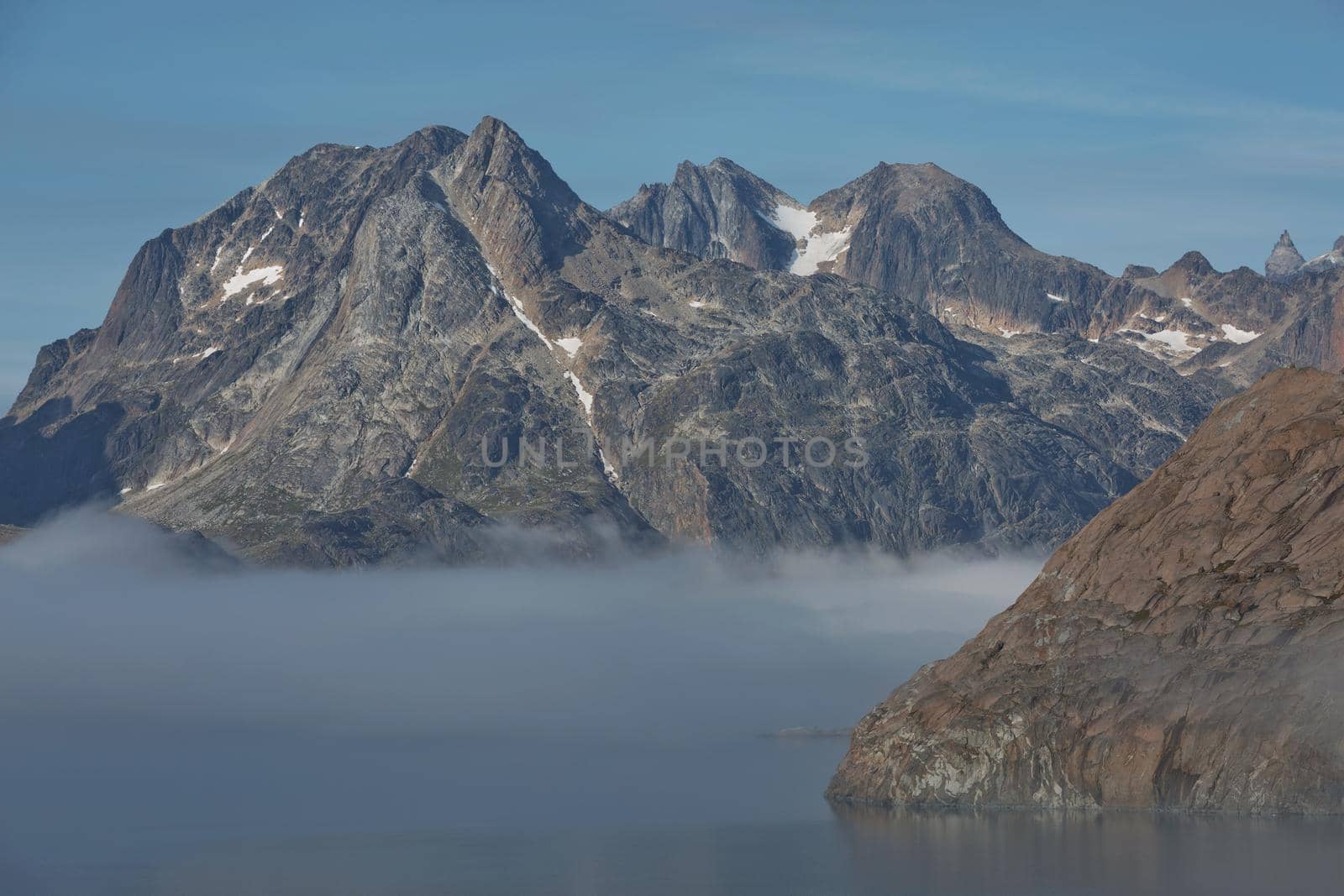 Glaciers and coastline landscape of the Prince Christian Sund Passage in Greenland.