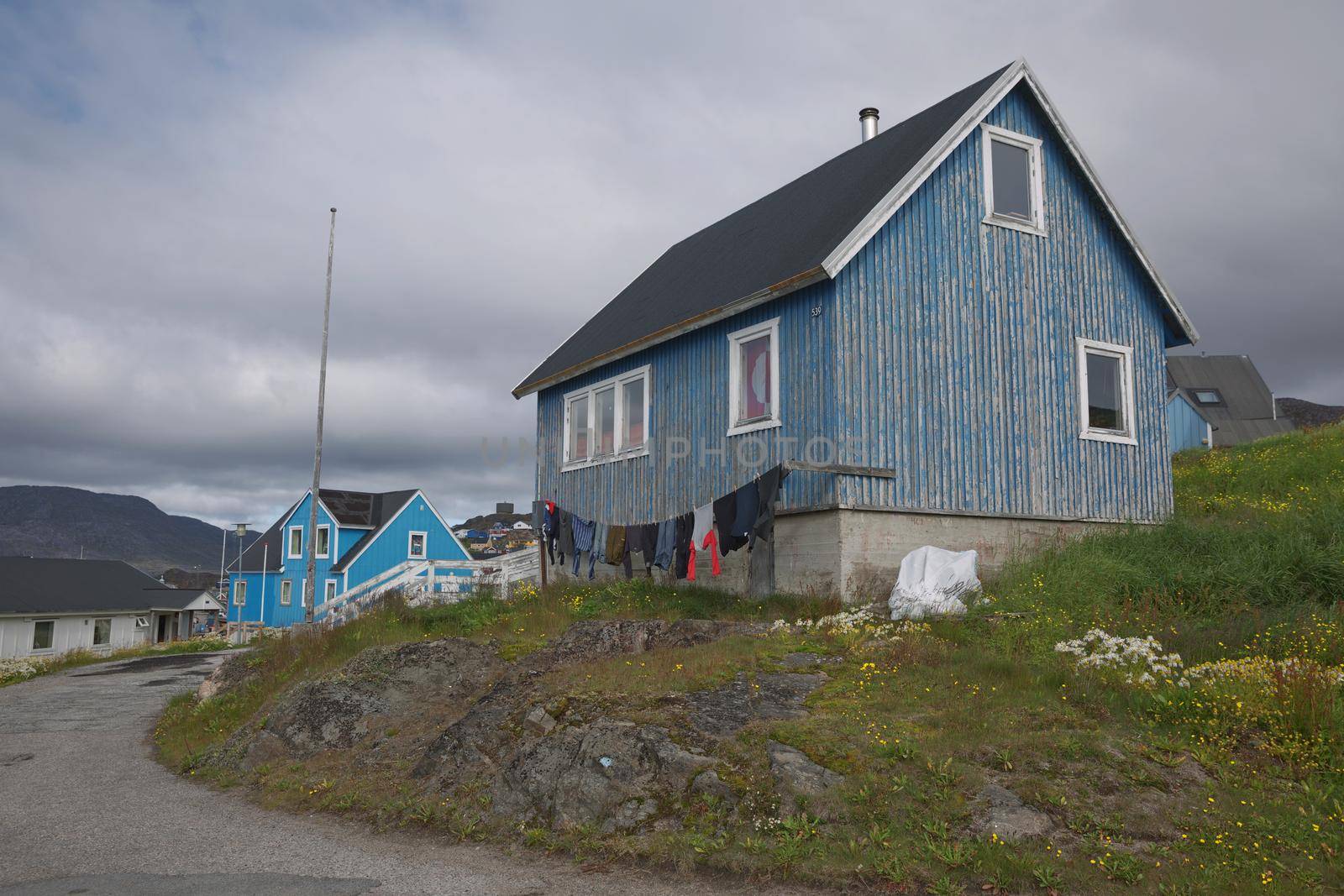 View of Qaqortoq in Greenland. The town is located in southern Greenland with a population of around 4,000 people.