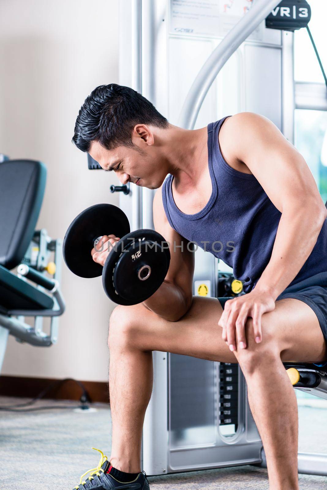 Young man doing dumbbell biceps curls at gym