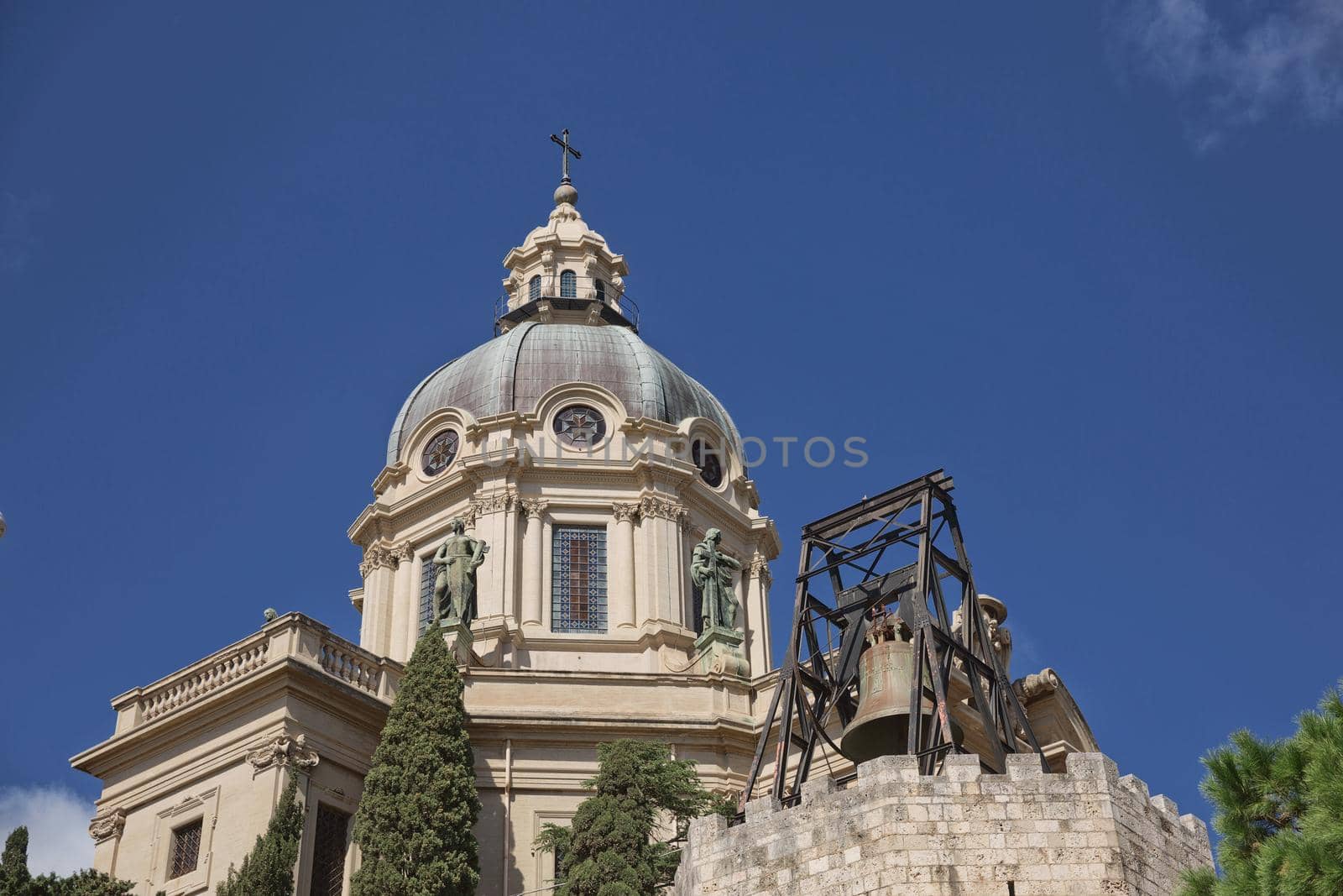 The dome of Church of King (Cristo Re) overlooking the city of Messina in Italy during summer. Beautiful photo of the landmark in Sicily.