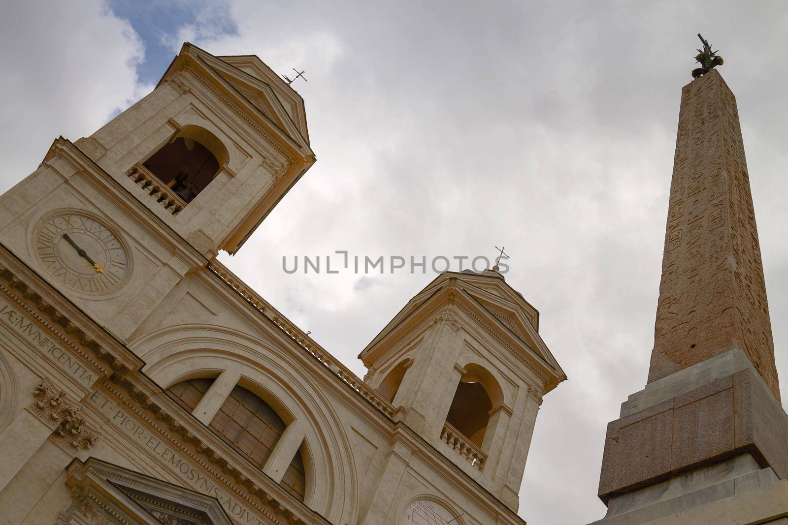 Twin Belfries of Trinita dei Monti Renaissance Church with Egyptian Obelisk