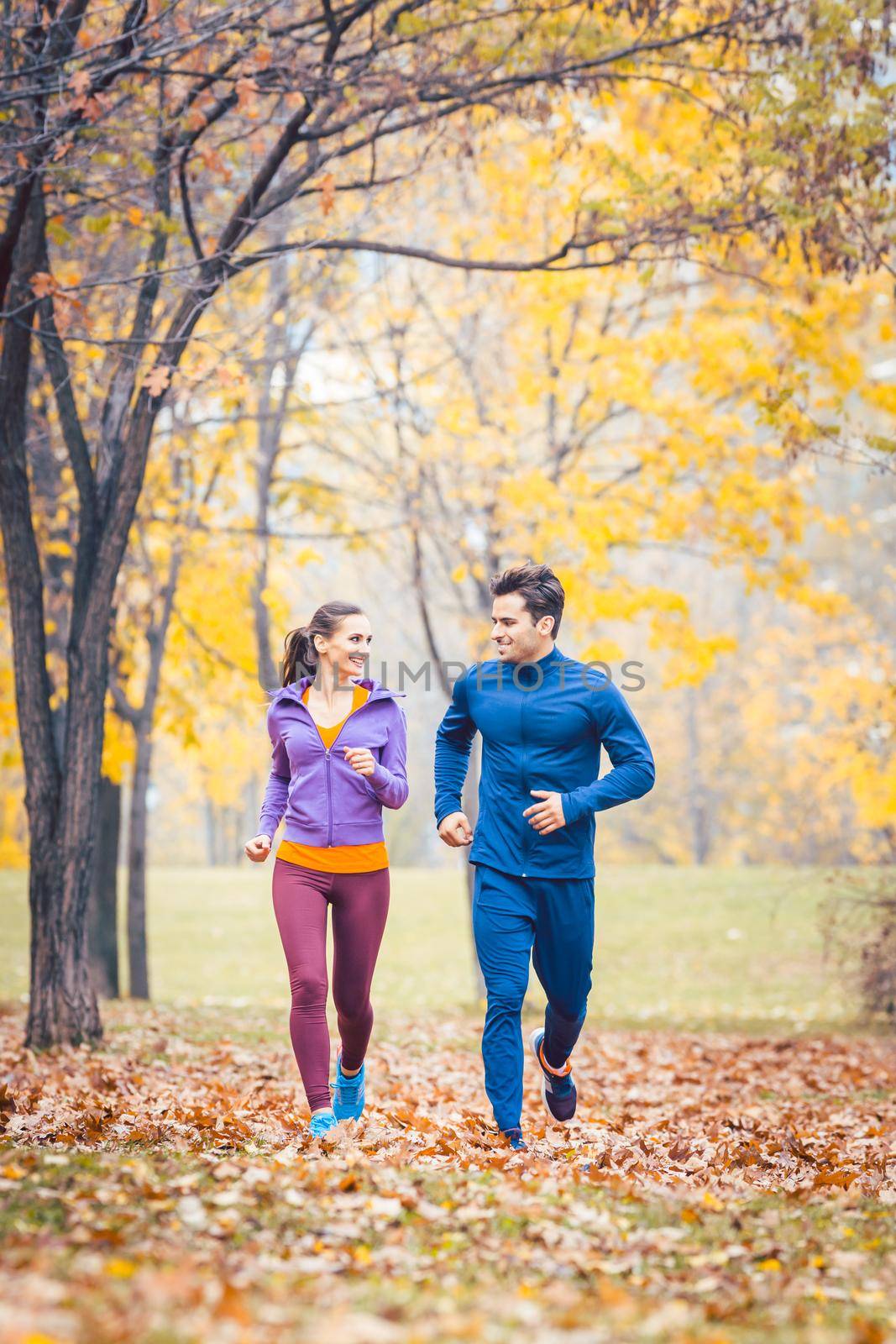 Man and woman running as fitness sport in an autumn park by Kzenon