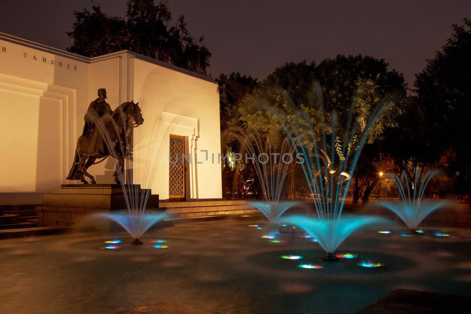 Beautiful fountain at night in Park of the Reserve, Lima, Peru