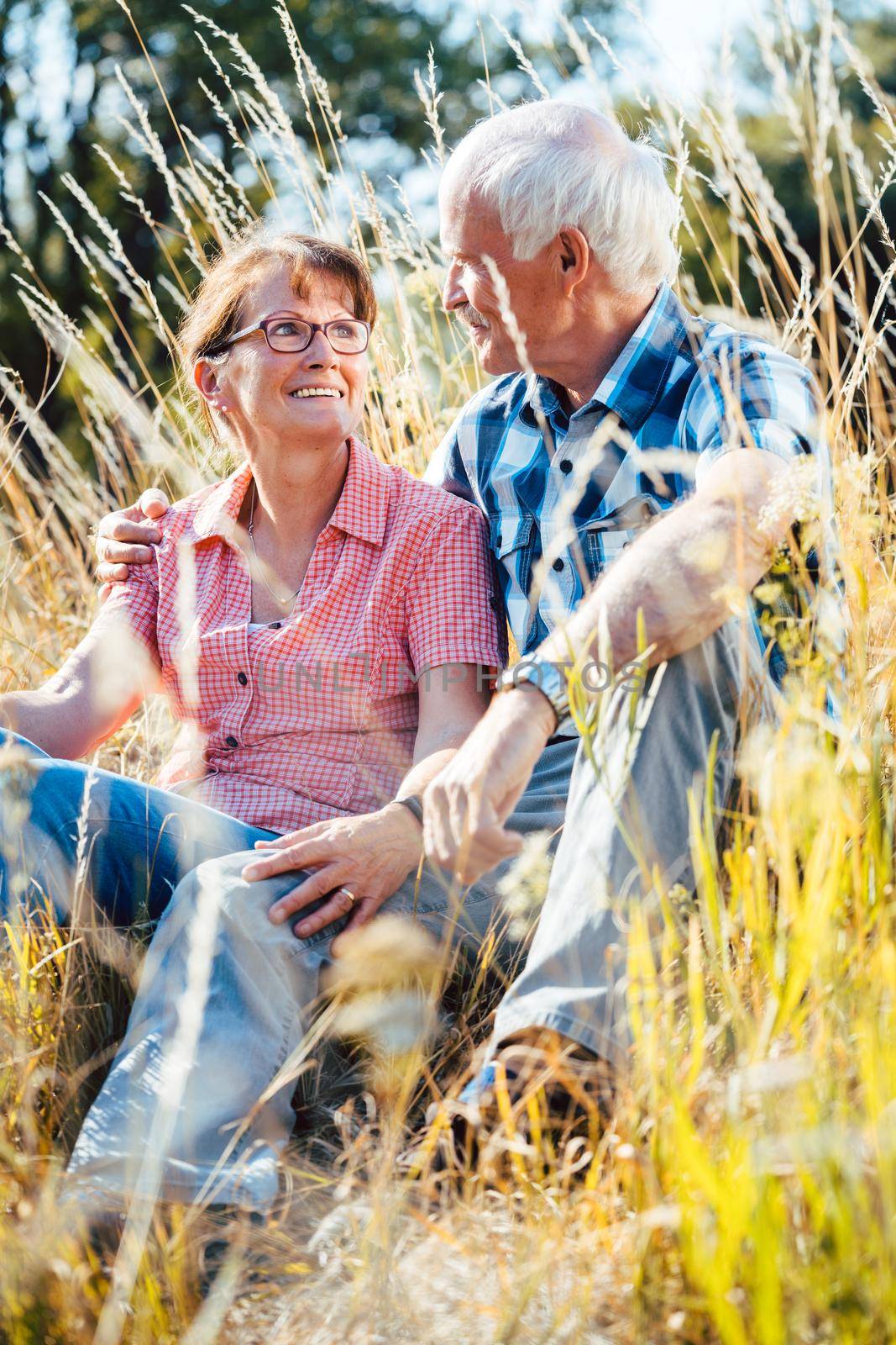 Couple of senior woman and man sitting in a meadow in the grass looking at each other