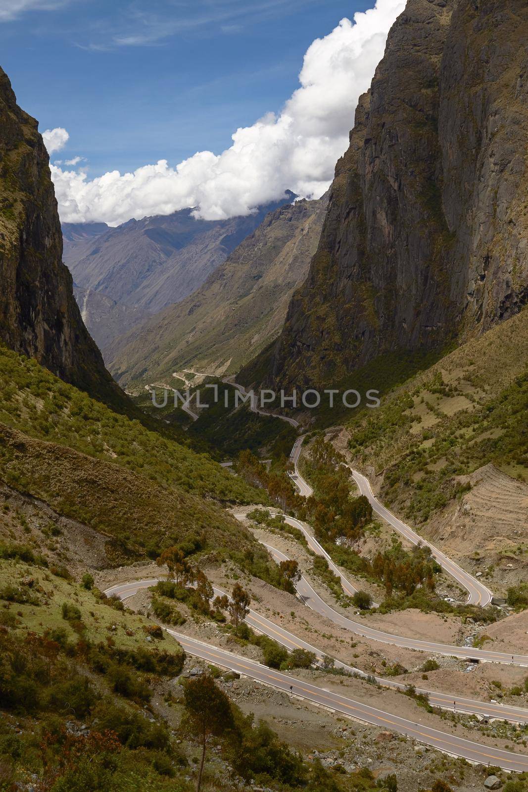 Serpentine Road for Crossing Andes Mountains between Peru and Bolivia.