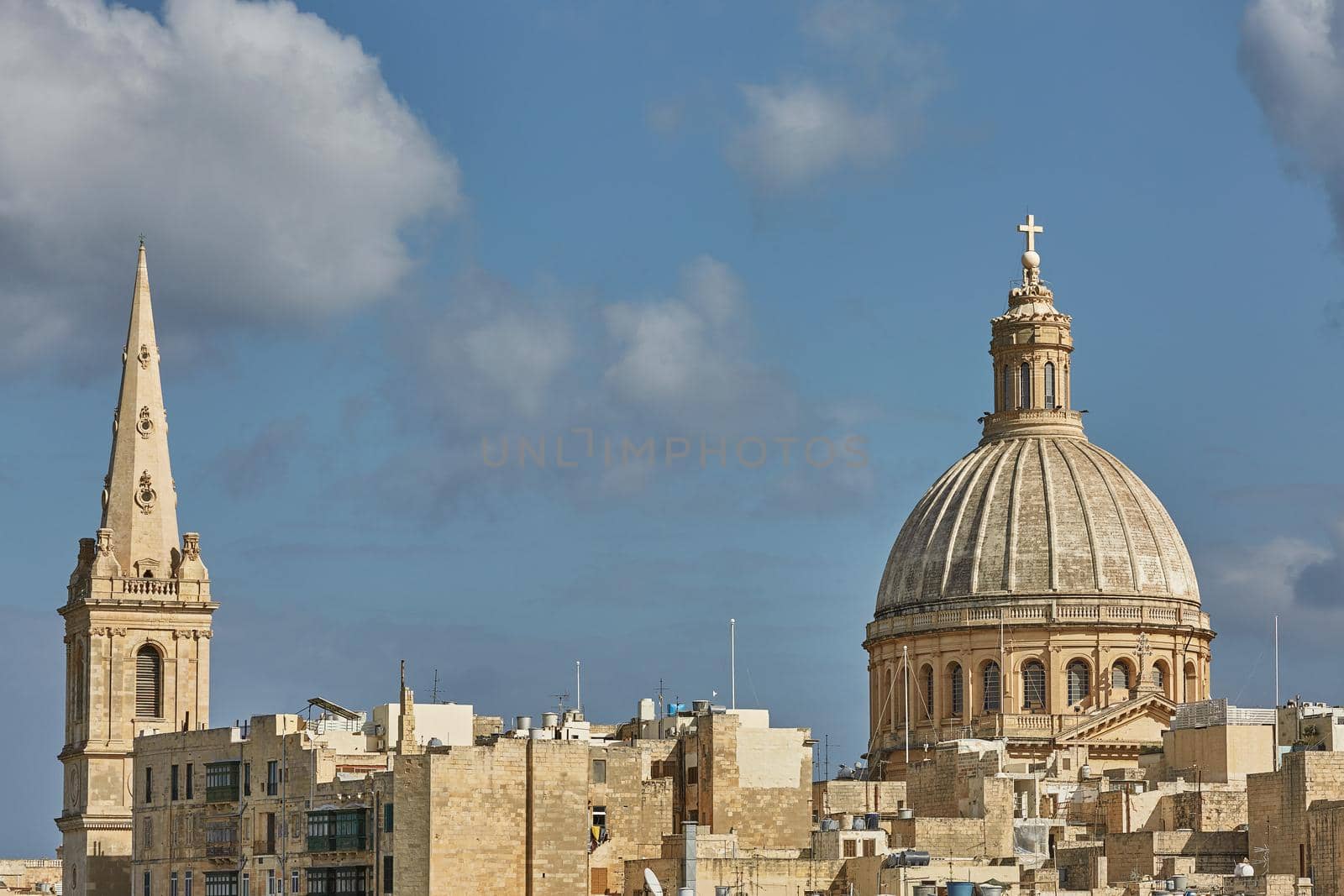 Church and traditional architecture in Valletta in Malta.