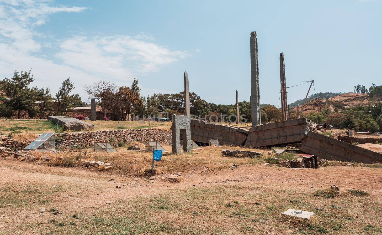 Aksumite civilization ruins, Ancient monolith stone obelisks behind Church of Our Lady of Zion, symbol of the Aksum, Ethiopia. UNESCO World Heritage site.