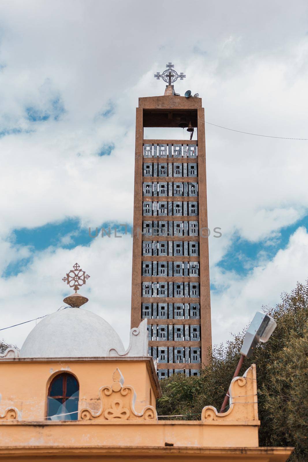 bell tower in Church of Our Lady St. Mary of Zion, the most sacred place for all Orthodox Ethiopians in Axum, Ethiopia.