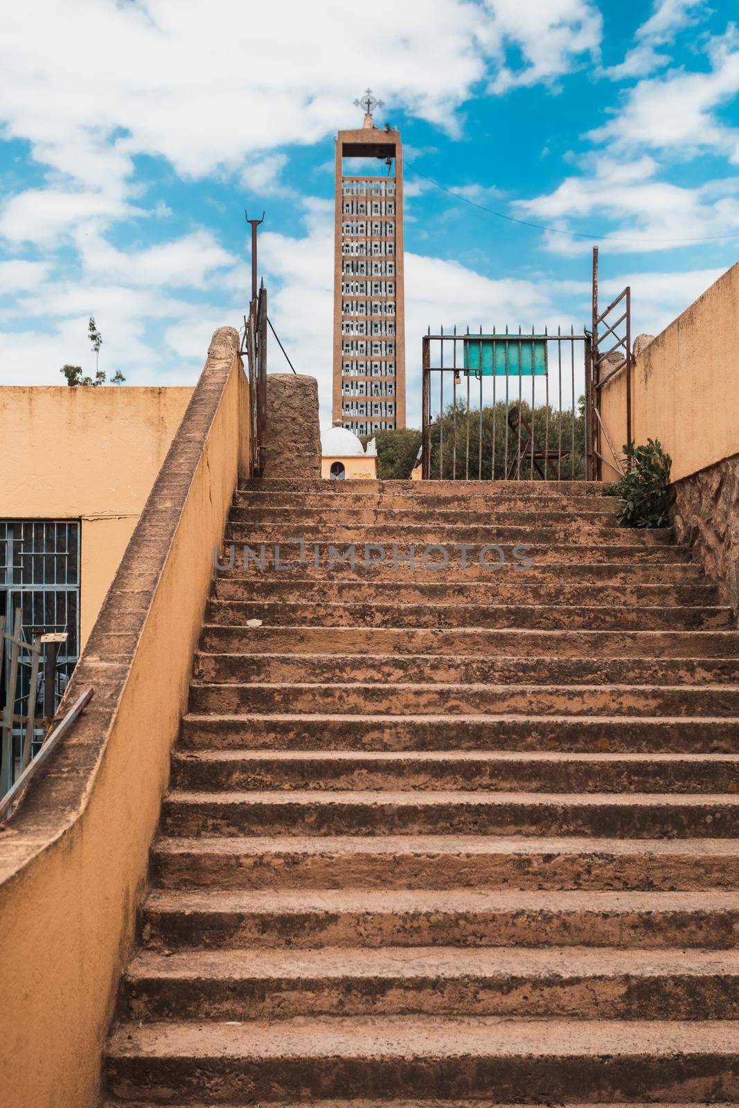 stairs to museum of Christianity in Church of Our Lady St. Mary of Zion, the most sacred place for all Orthodox Ethiopians in Axum, Ethiopia.