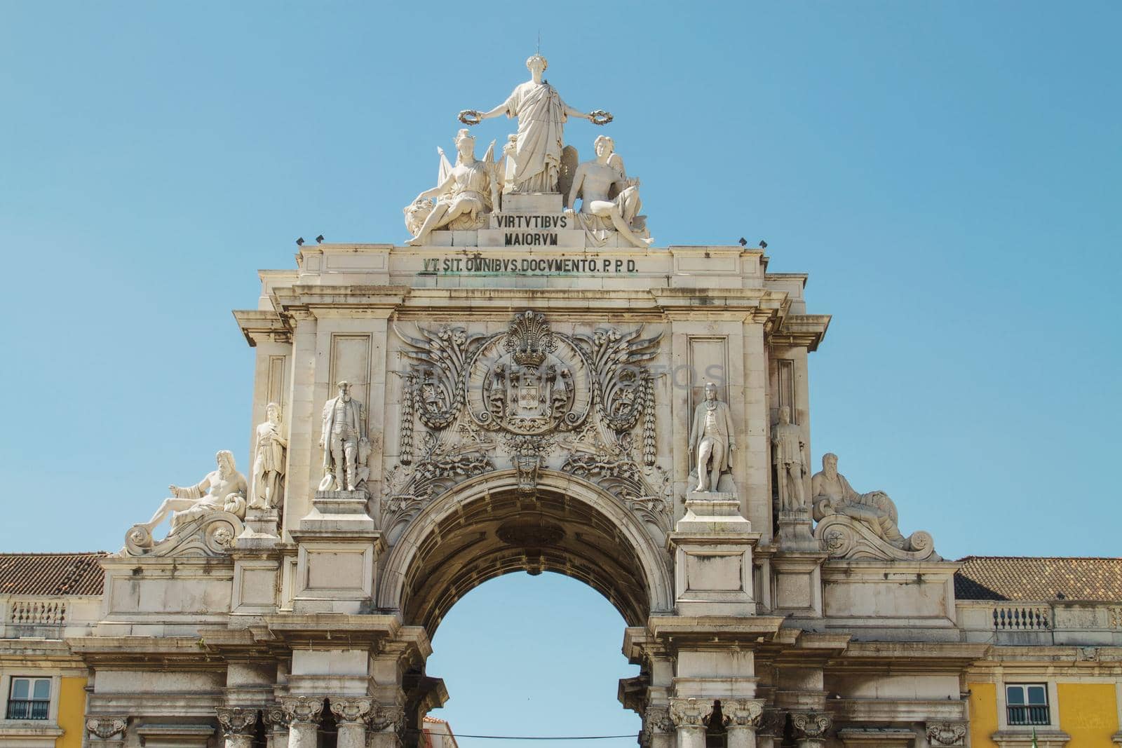 Detail of Rua Augusta Arch, Lisbon, Portugal photographed from low view point