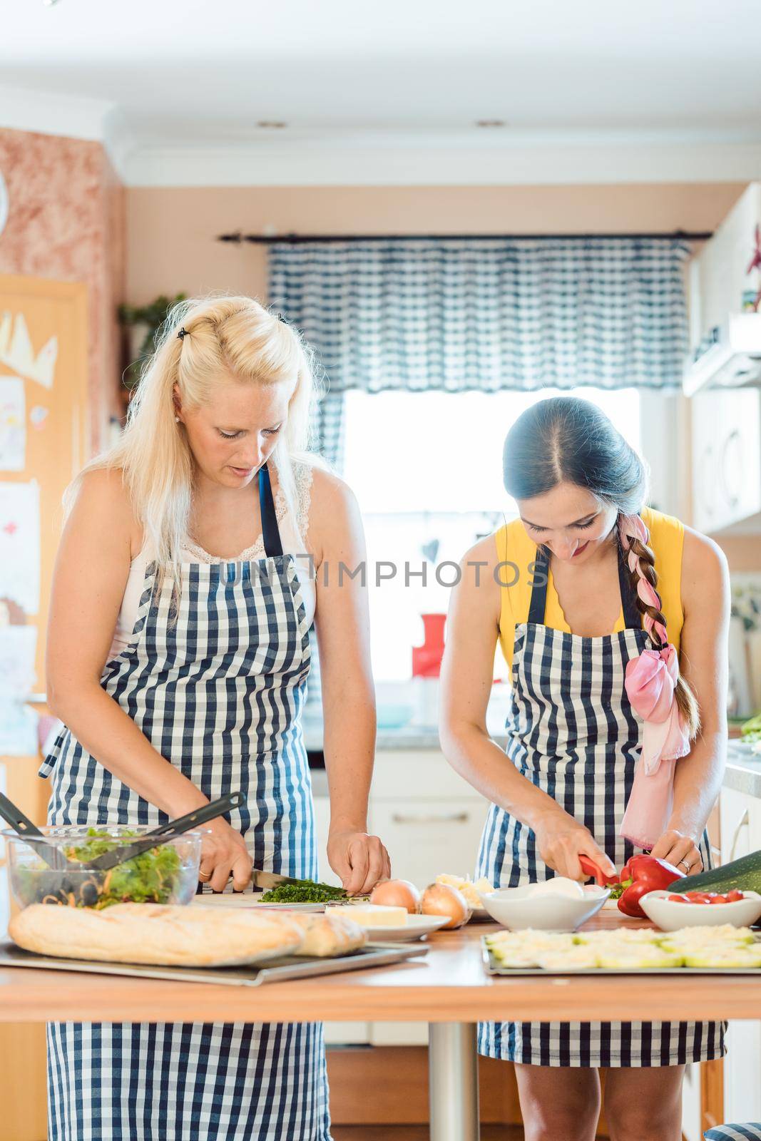 Two women preparing dishes in the kitchen looking into the camera