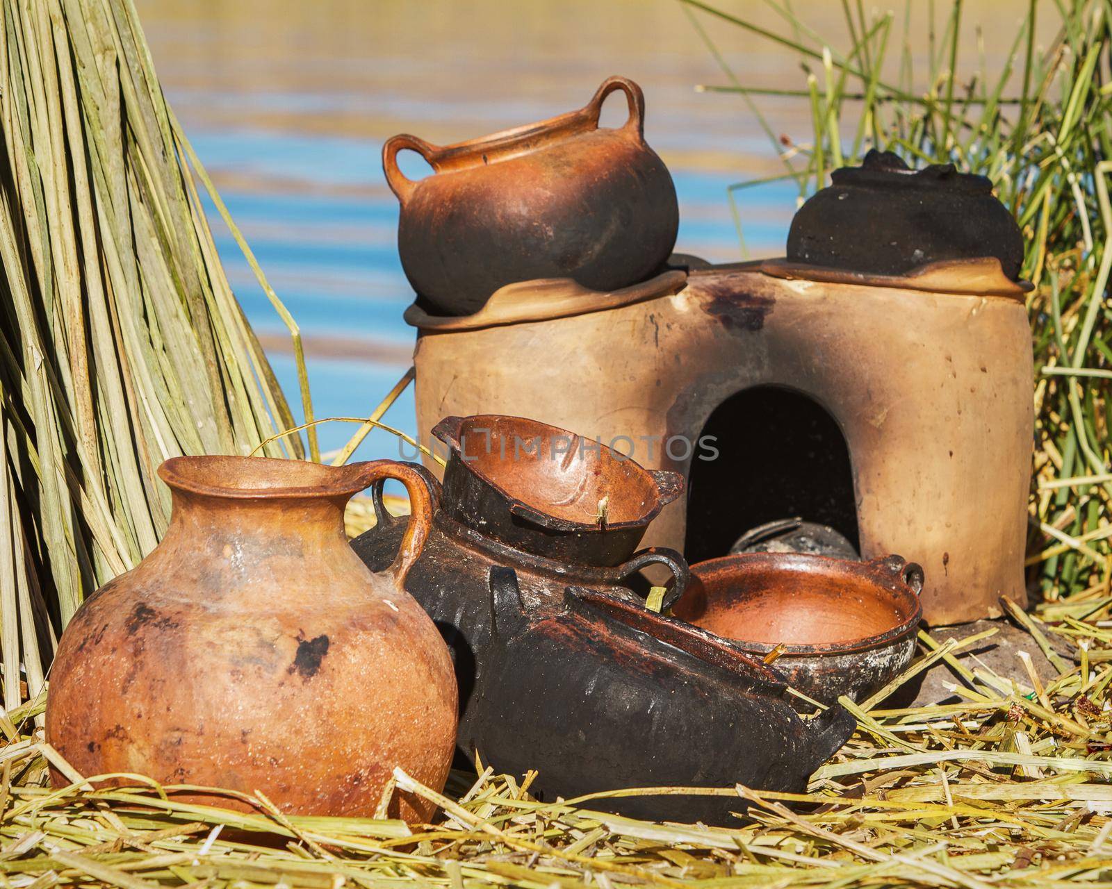 Traditional Mud Pans Used on Uros Islands at Lake Titicaca Peru Bolivia.