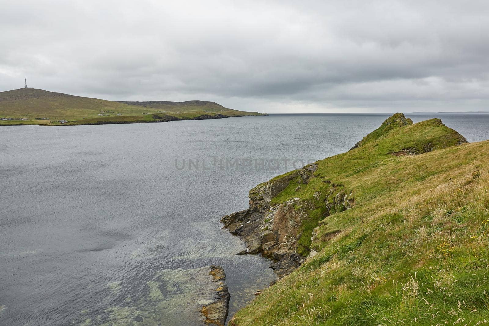 Coastal view toward the Knab in Lerwick, which is the main port on the Shetland Isles, Scotland