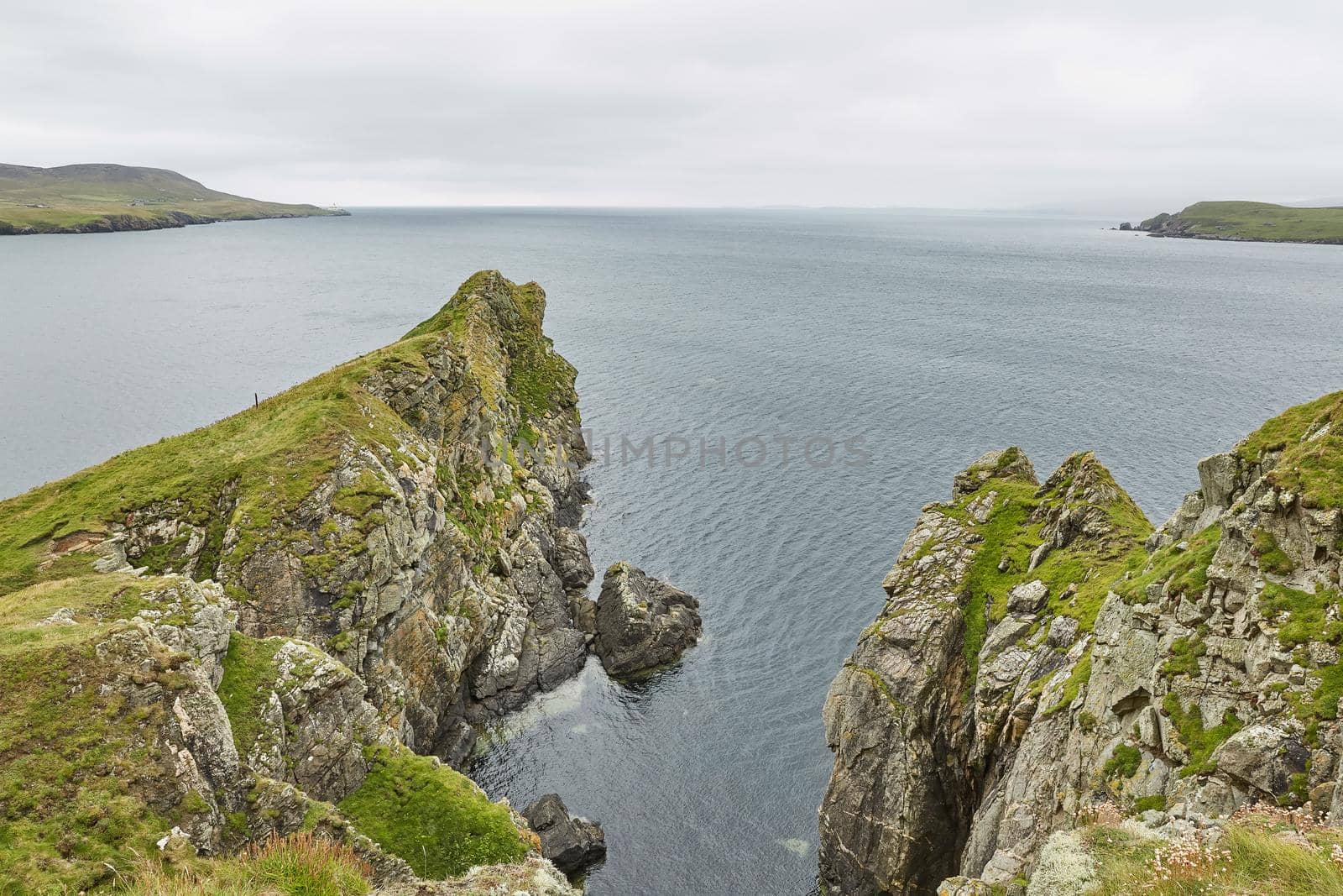 Coastal view toward the Knab in Lerwick, which is the main port on the Shetland Isles, Scotland