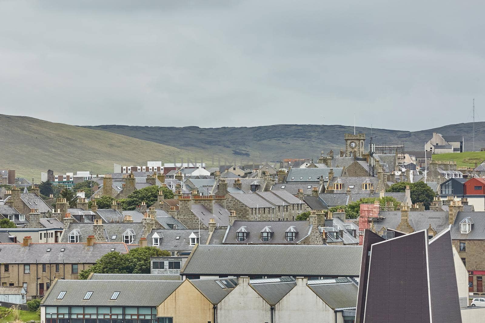 Lerwick town center under cloudy sky, Lerwick, Shetland Islands, Scotland, United Kingdom