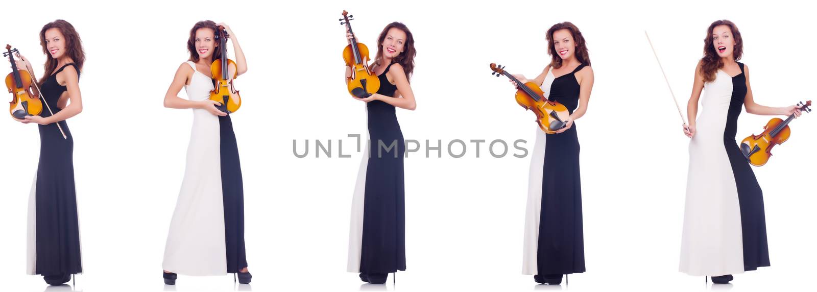 Woman playing violin isolated on white background