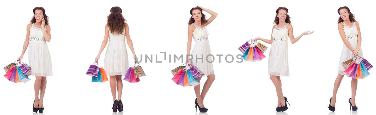 Set of woman with shopping bags on white