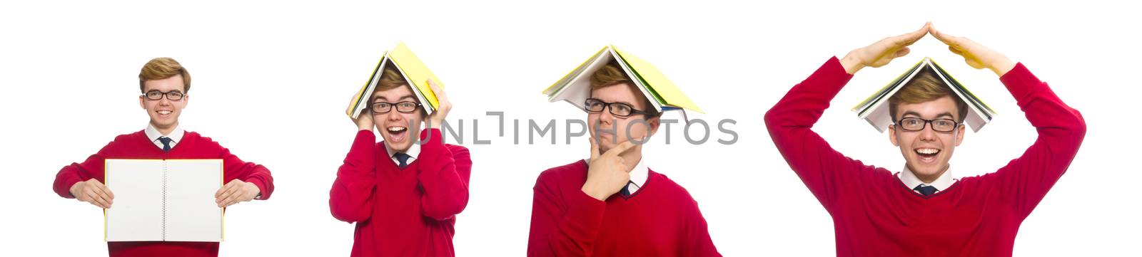 Student with paper isolated on white