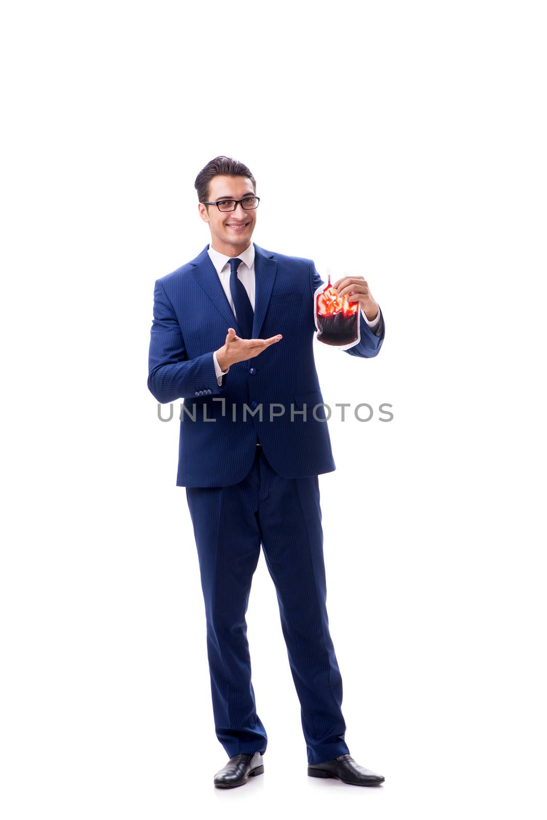 Businessman with blood bag isolated on white