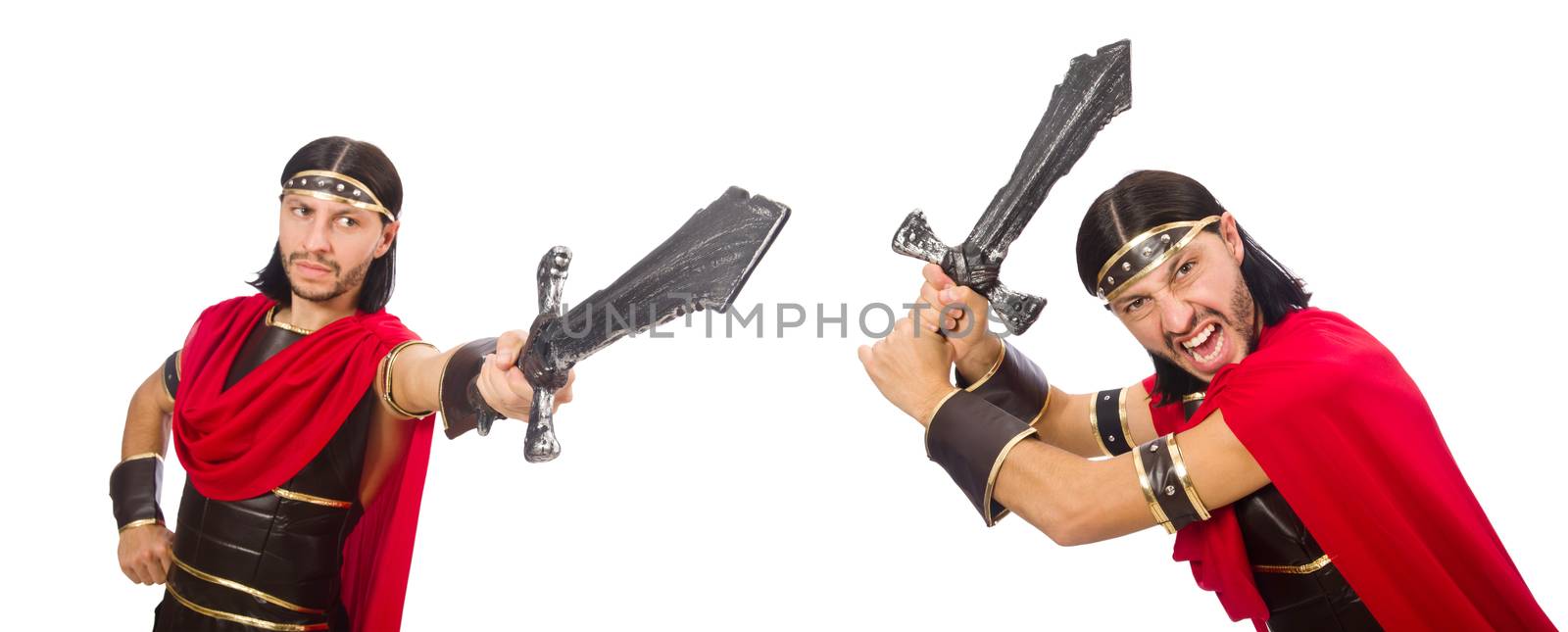 Gladiator holding sword isolated on white