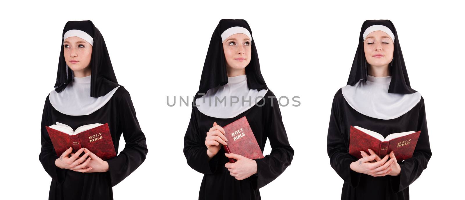 Young nun with bible isolated on white